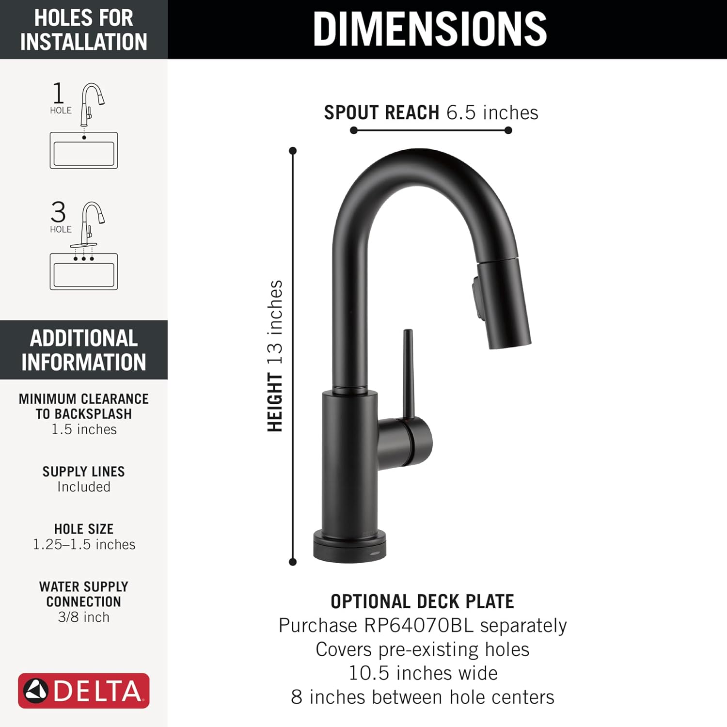 Delta Trinsic Touch Bar Faucet with Touchless Technology, with Pull Down Sprayer, Black Sink, Prep Sink, Wet Bar, Matte Black 9959TL-BL-DST