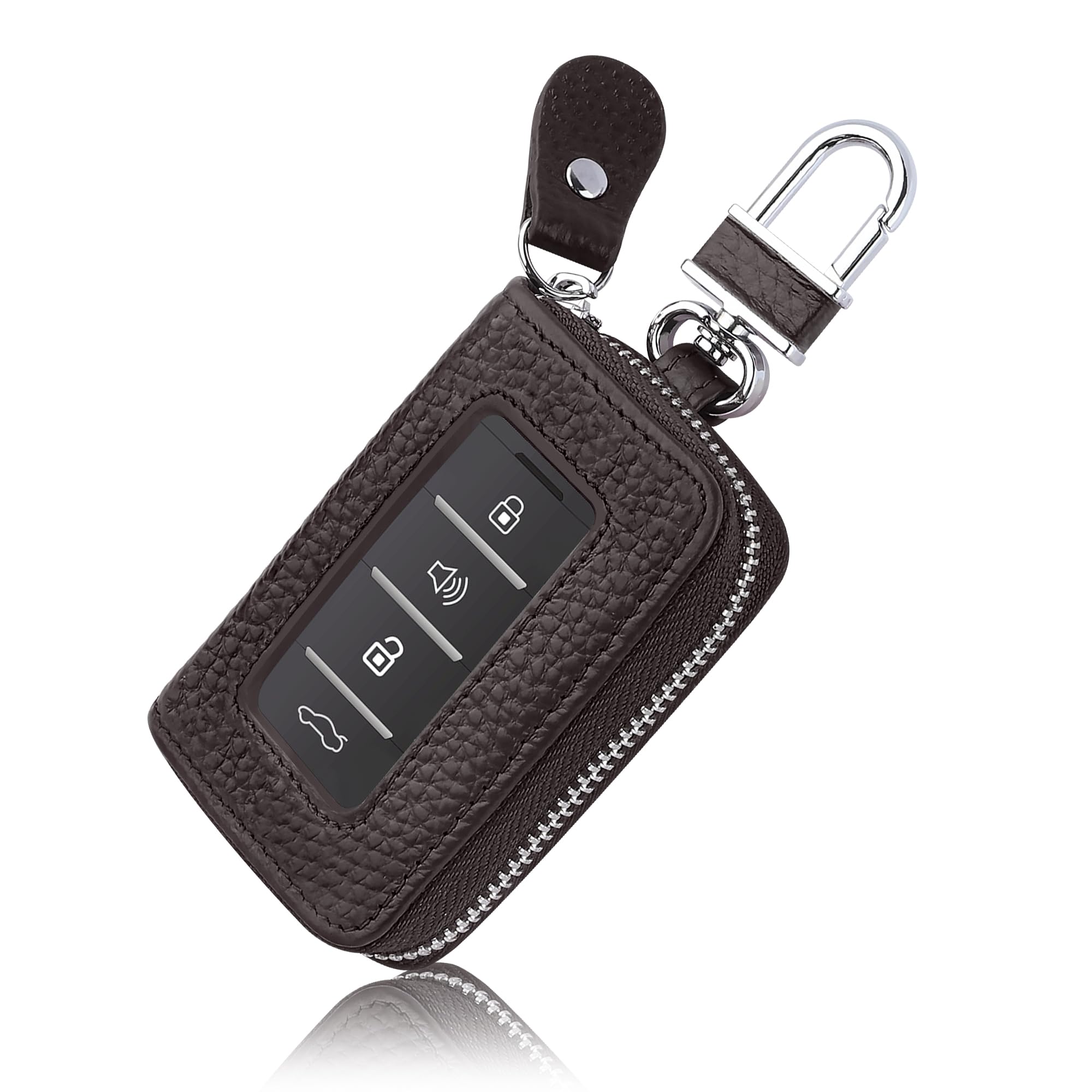 Junecarp Genuine Leather Car Key Fob Protector,Stylish Car Key Fob Case with Key Ring&Keychain for Remote Key Cover Replacement (Coffee)