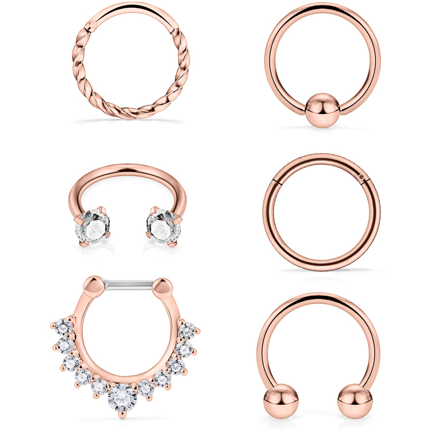 Lcolyoli6PCS 16G Surgical Steel Hinged Seamless Septum Hoop Nose Ring with Clear Diamond CZ Horseshoe Barbell Cartilage Daith Conch Tragus Clicker Piercing Jewelry for Women Men