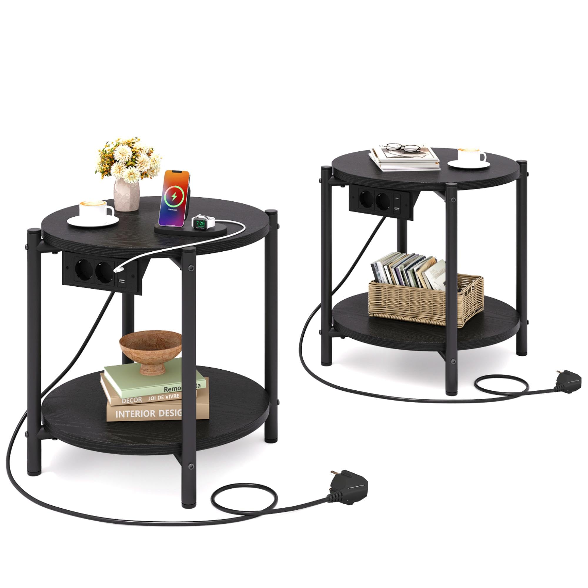 IRONCK Rund Nachttisch 2er Set, Beistelltisch mit Steckdose, USB-C-Anschluss, Kleiner Tisch Holz & Metall, Sofatisch Wohnzimmertisch Couchtisch 2 Ablage für Schlafzimmer (Schwarz, 2 Stücke)
