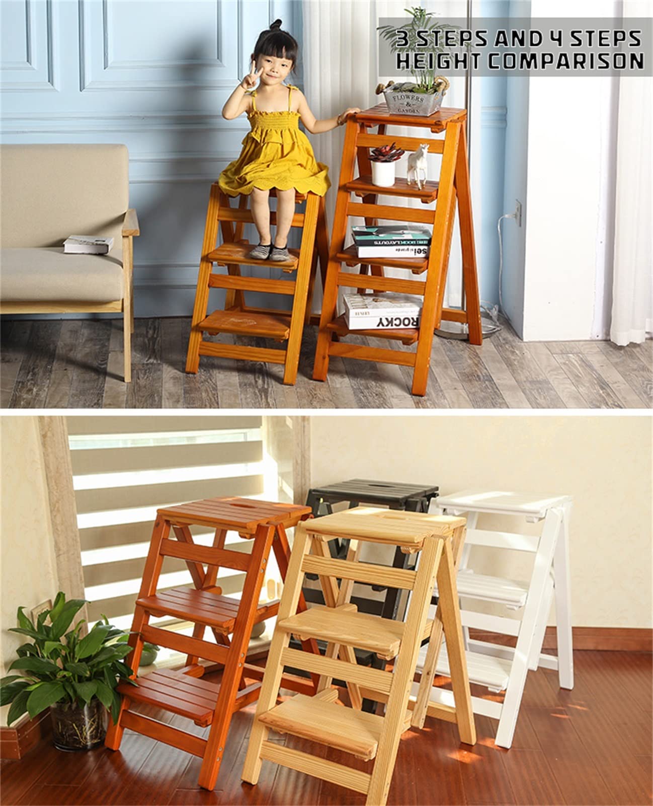 Robuster, klappbarer Tritthocker mit rutschfesten Füßen, 3-stufige Holzleiter für Zuhause, Büro, Badezimmer, maximale Tragkraft 227 kg, Stabiler und sicherer Klappstuhl