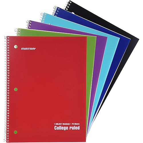Mintra Office Spiral Notebooks - 1 Subject, 70 Sheets, College Ruled, 8in x 10in, Bulk Pack, PRIMARY Color Covers, Set of 6 - for School, Office, Business, Professional (4657)