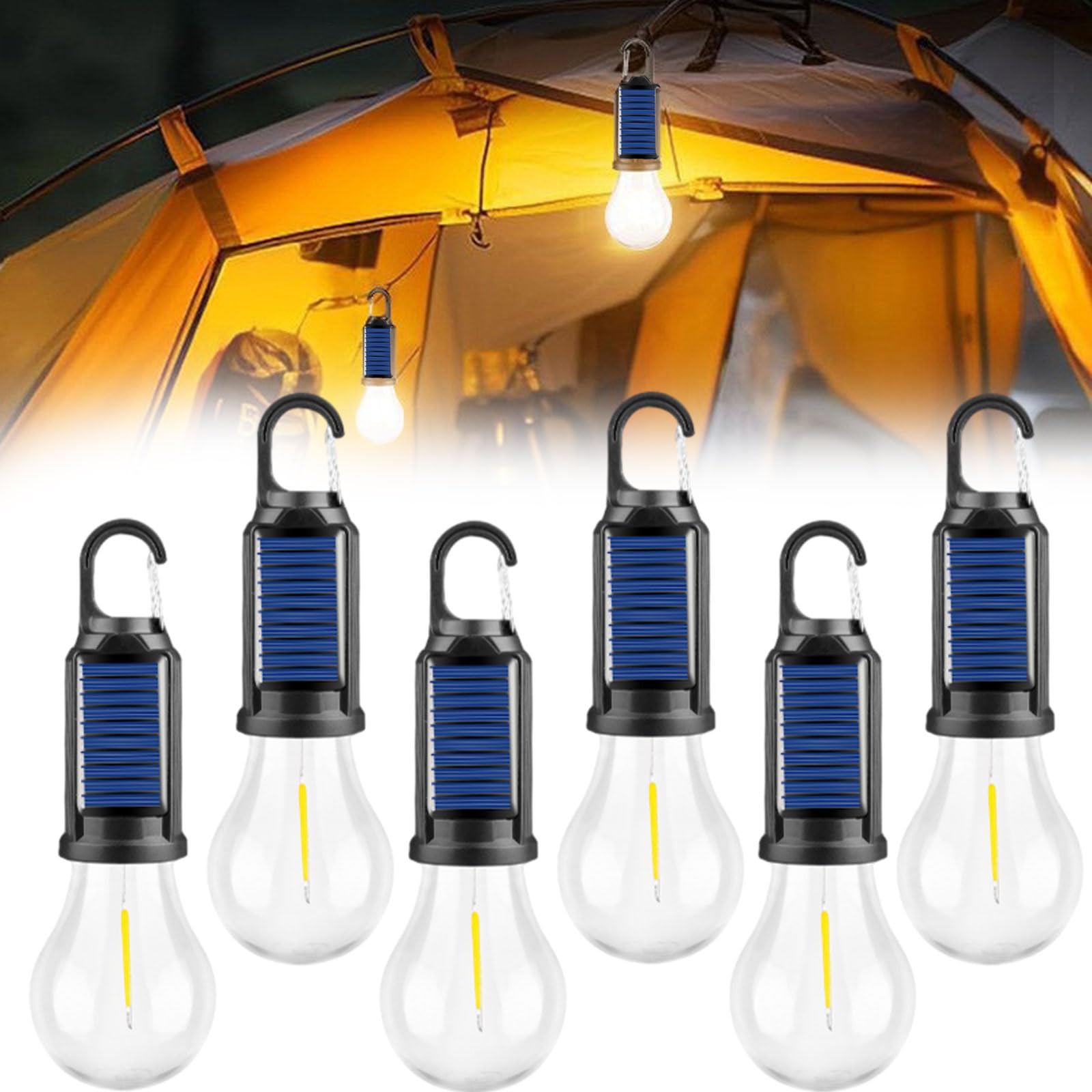 Luz solar recargable con gancho para camping, impermeable, portátil, 3 modos de luz, lámparas de camping ajustables para senderismo, fiesta, camping, pesca (6 piezas)