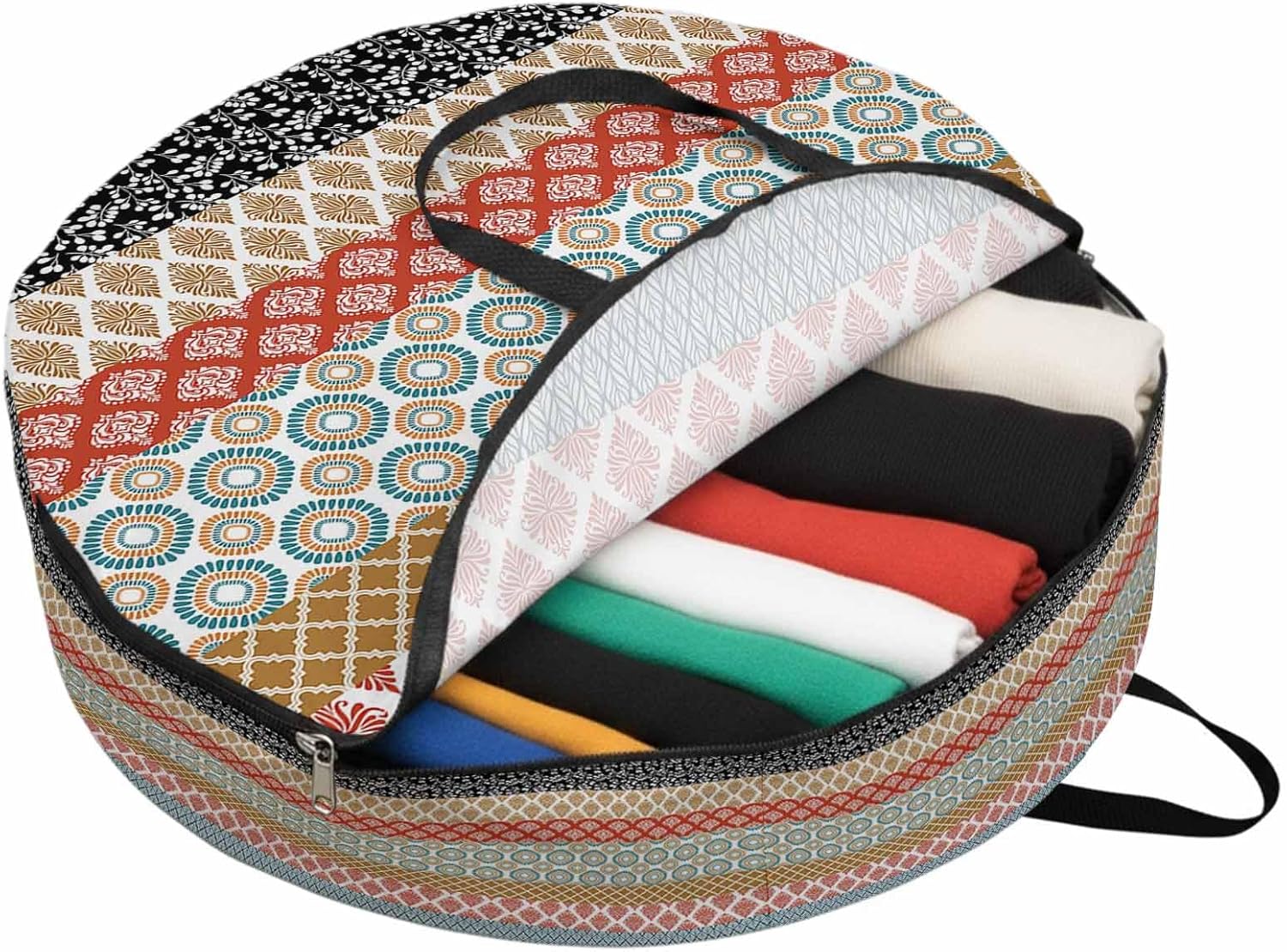 Geometric Bohemia Round Storage Bag 36 Inch, Stripes Brown Red and Blue Clothes Storage Container with Handles Heavy Duty Organizer for Comforter, Bedding & Holiday Wreaths
