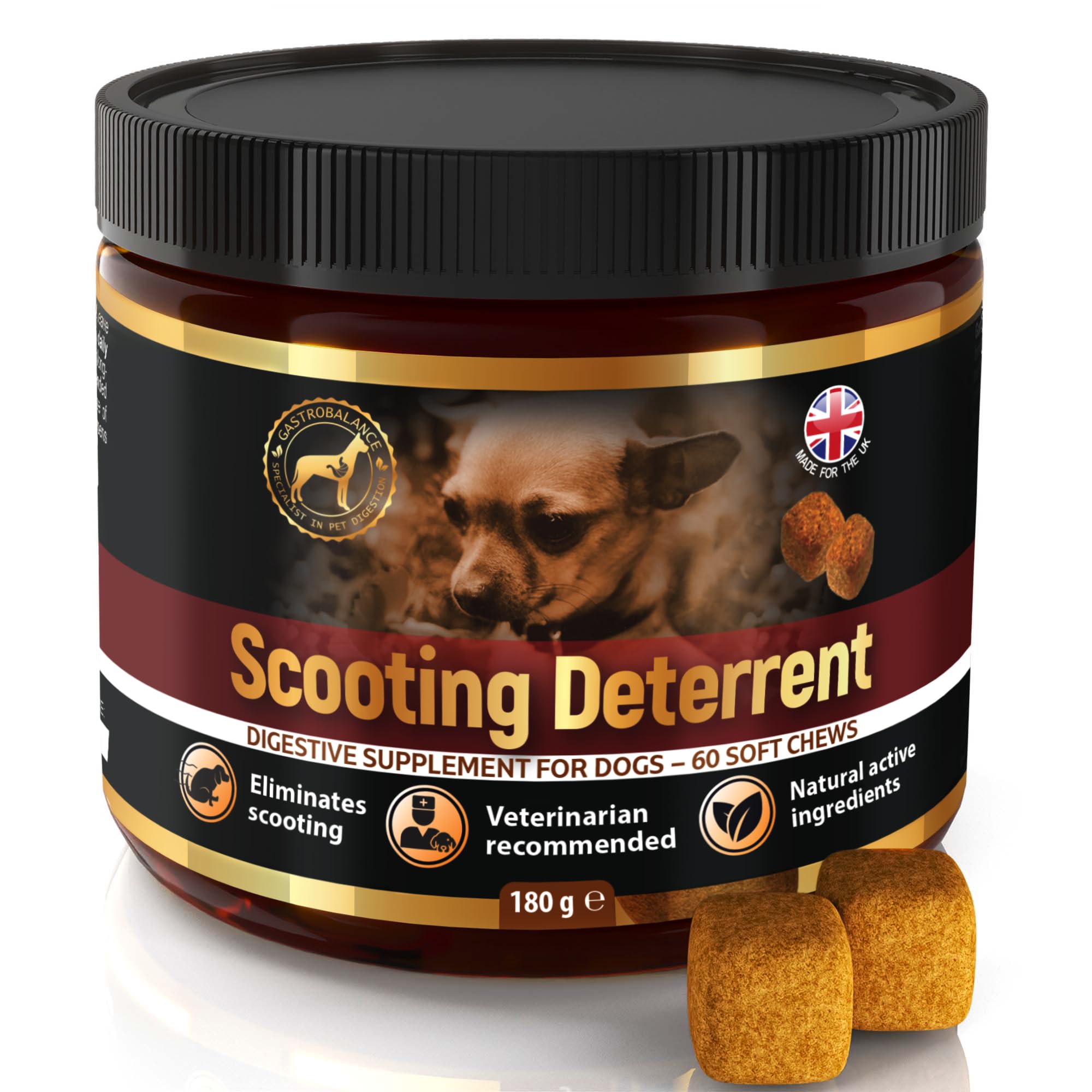 Dog Scooting Treatment - Natural Scoot Stopper - 60 tasty soft chews to stop dogs scooting (Bacon flavour)
