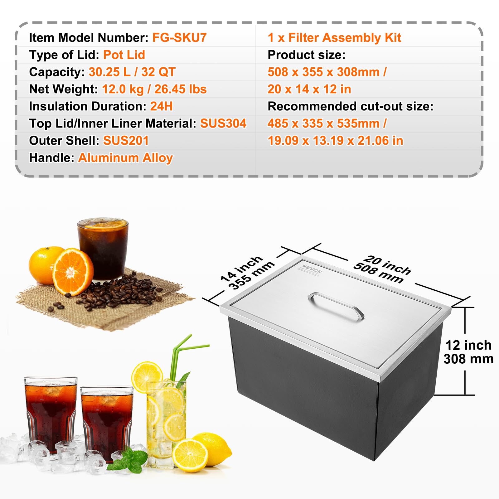 VEVOR Bac à Glace Encastrable 30,25 L 508x355x308 mm Boîte Isotherme pour Glace avec Couvercle en Inox Alimentaire Conservateur à Glaçons pour Boissons Bières Fraîches Cuisine Extérieure Bar Domicile