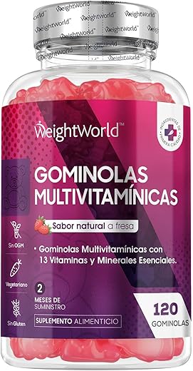Gominolas Multivitaminas y Minerales 120 Gomitas Sabor Fresa - Con 13 Vitaminas y Minerales Esenciales como Vitamina D3, A, C, B6, B12, E, Biotina, Zinc y Ácido Fólico y Más para 2 Meses
