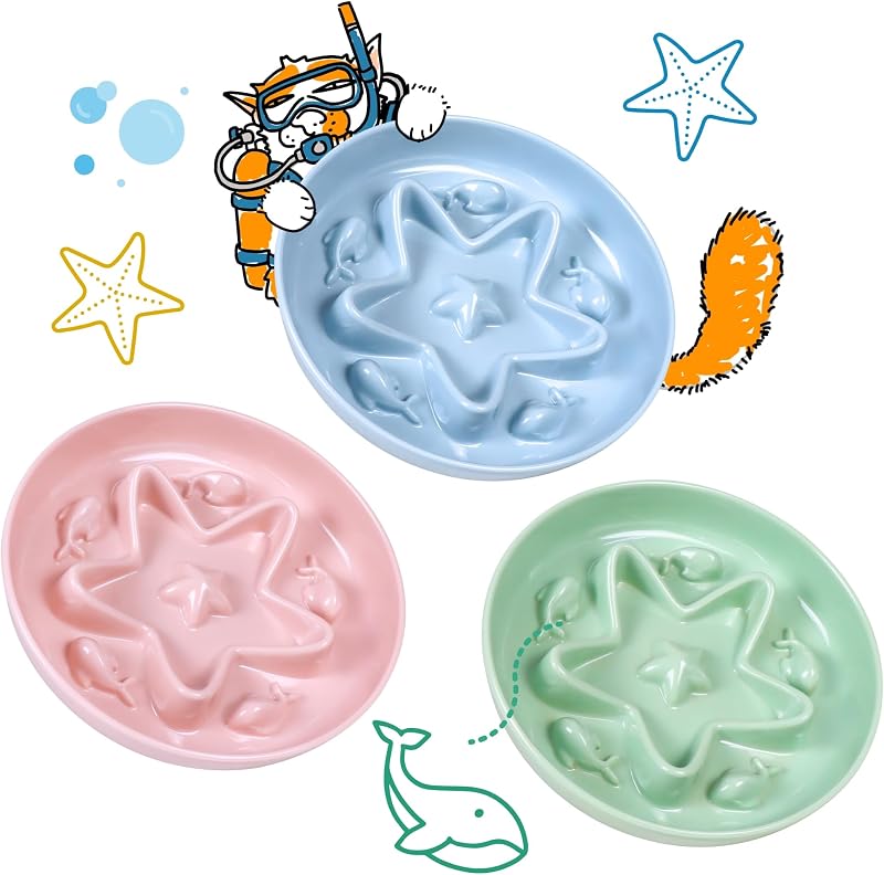 Comedouro lento para gatos Tafelf em melamina com labirinto e base antiderrapante, 3 unidades (azul, rosa e verde)