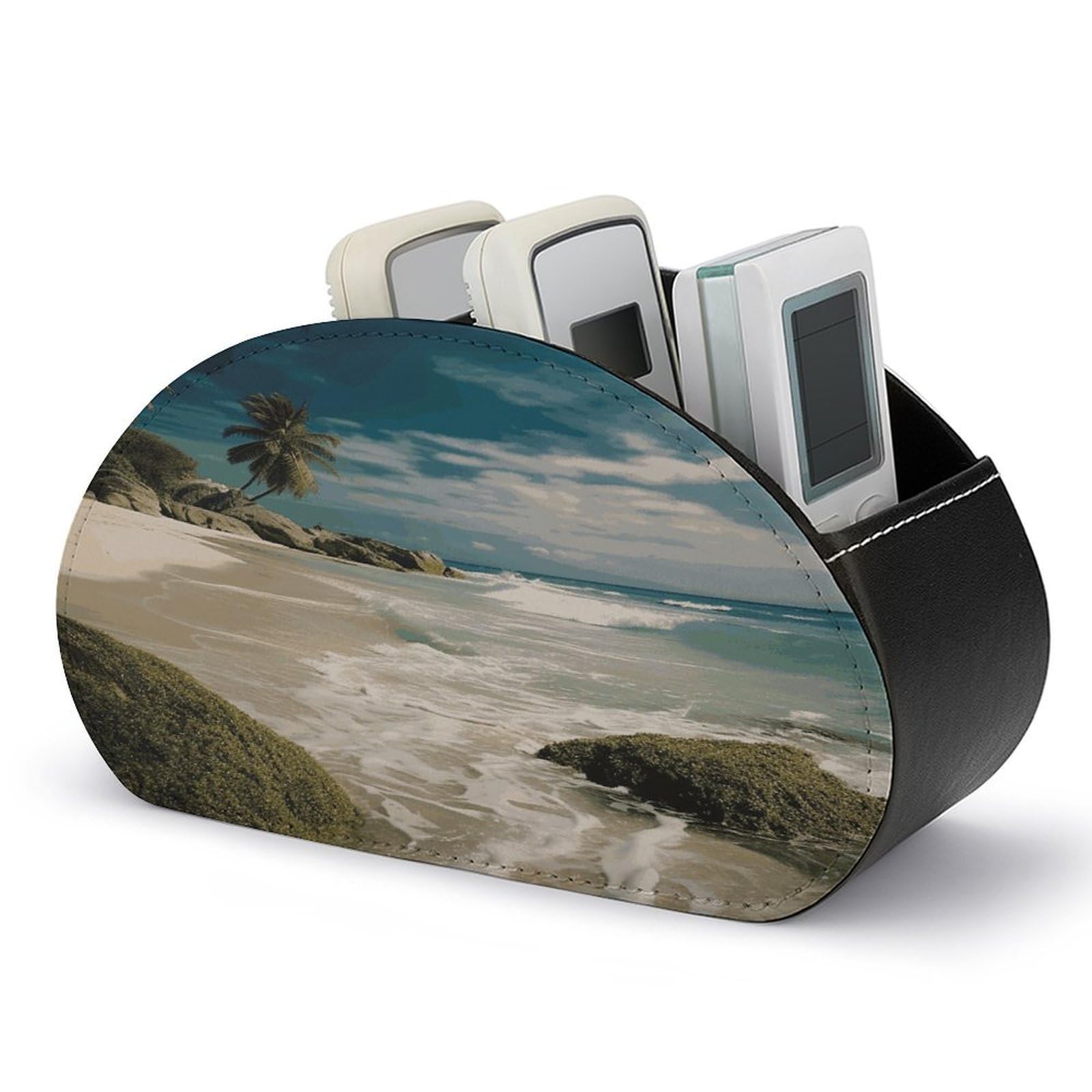 FekiLoot Beach Ocean Remote Control Holder PU Leather Tabletop Organizer with 5 Compartments Storage Tray & Desktop Organizer for TV Remotes Glasses Pens