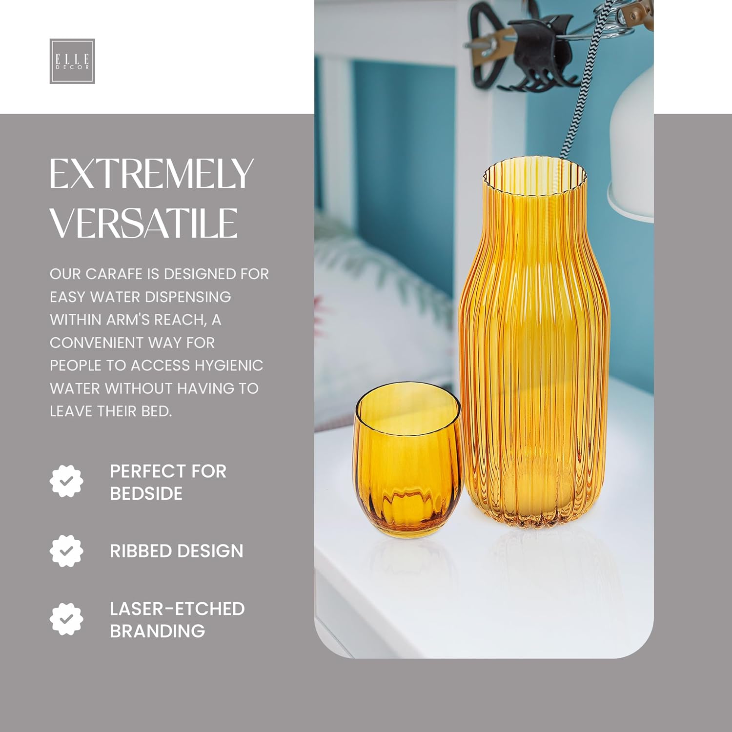Elle Decor Ribbed Bedside Water Carafe with Tumbler Set, 39 oz Amber Glass Pitcher & Matching Drinking Cup – Ribbed Drinkware with Lid-Style Tumbler for Guest Room, Office or Gift Use - Image 2