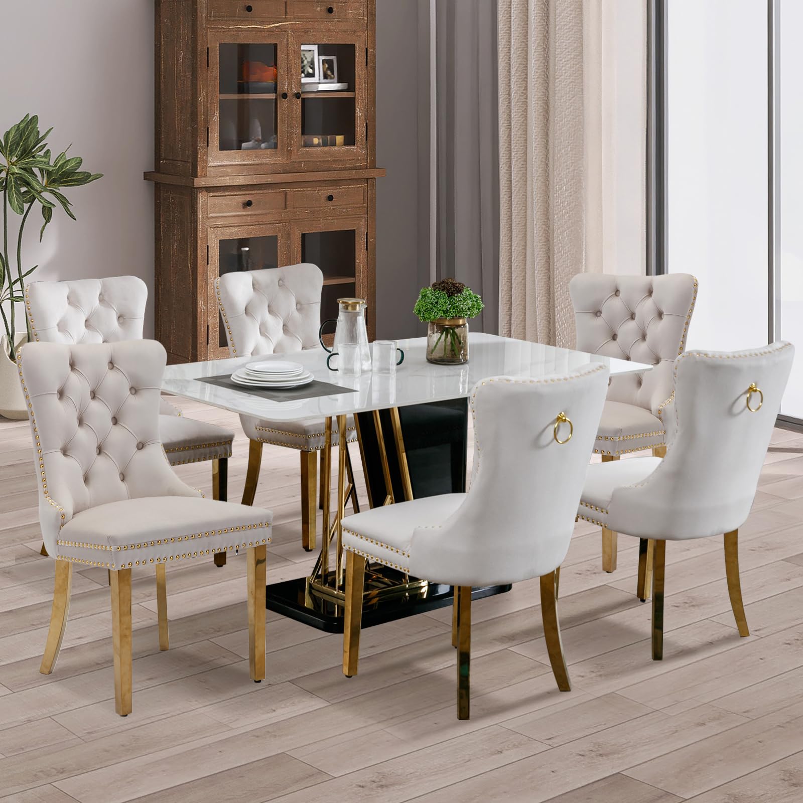 SoarFlash Velvet Dining Chair Set of 6, Upholstered Tufted Dining Room Chair with Nailhead Trim, Solid Gold Plated Leg for Kitchen (Beige)