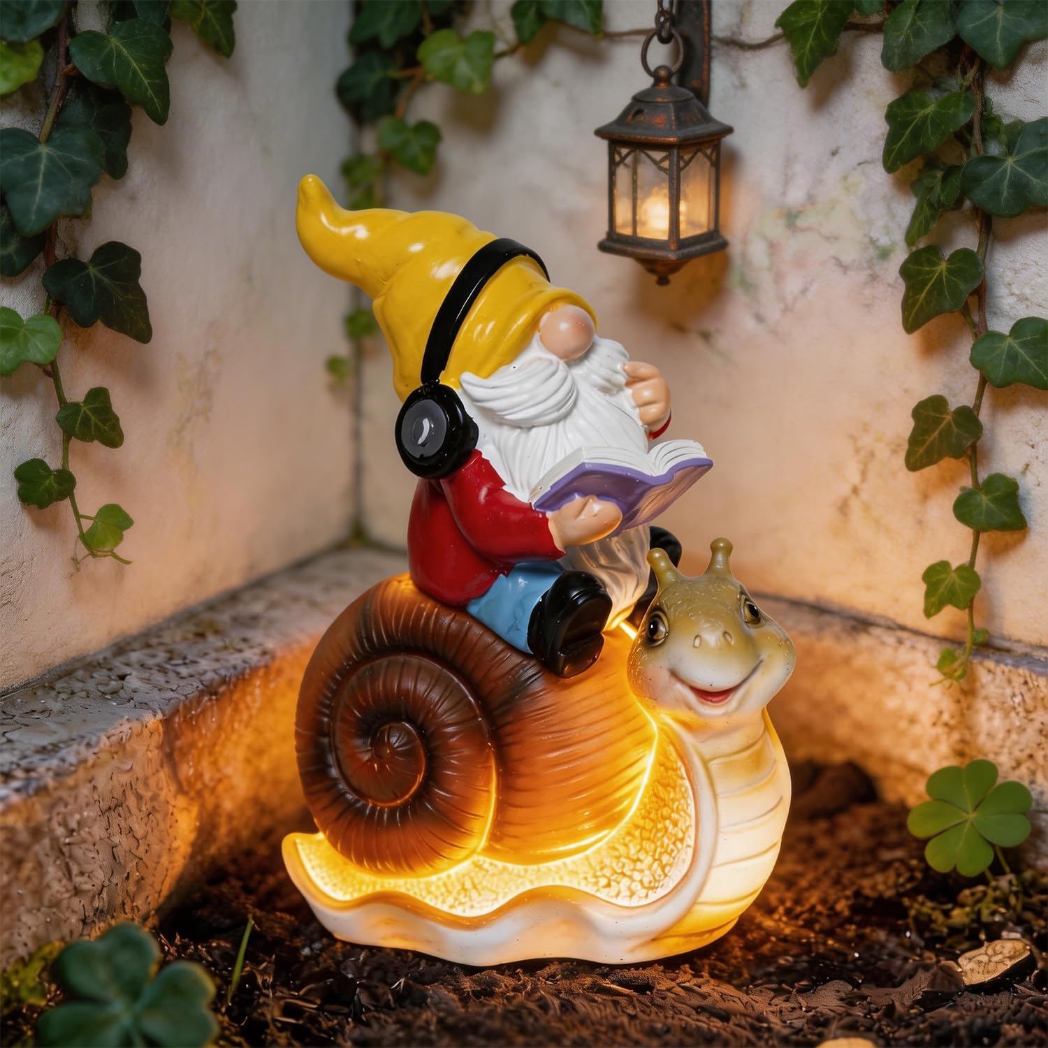 Ferrisland Solar Garden Gnome Statue with LED Lights, Reading Gnome Wearing Headphones Riding Snail Figurine, Waterproof Resin Outdoor Decor for Patio Yard Lawn, Funny Whimsical Garden Ornament Gift