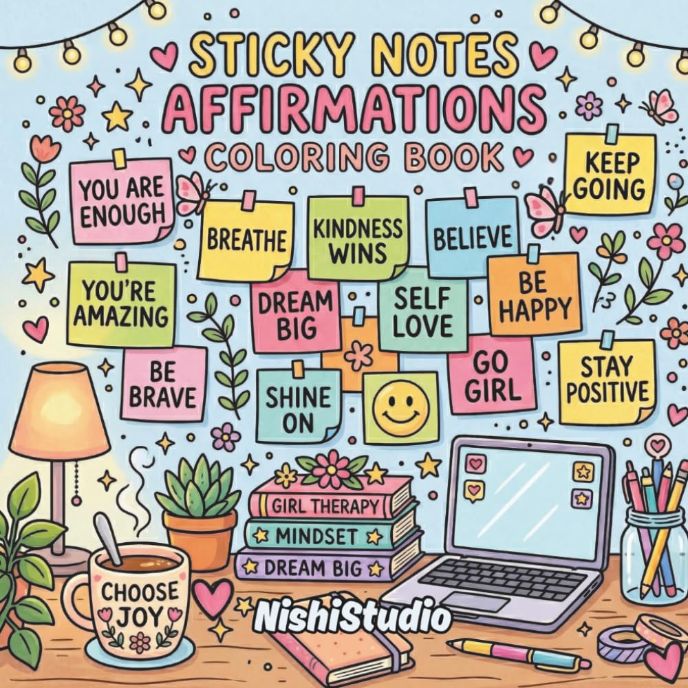 Sticky Notes Affirmations Coloring Book: Bold & Easy Positive Quotes on Cozy Everyday Spaces for Relaxation, Motivation, and Stress Relief