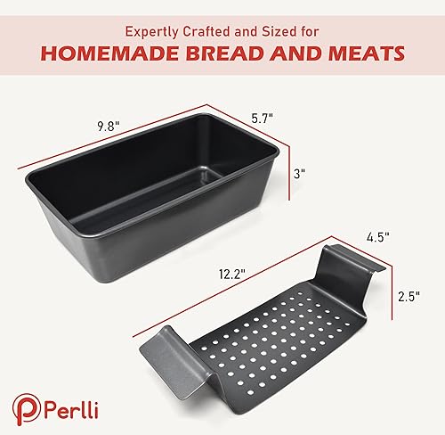 Miniatura 7 de PERLLI Molde para pan de carne con bandeja de goteo, 2 unidades, 9.8 x 5.7 pulgadas, sartén antiadherente para pastel de carne de acero con alto