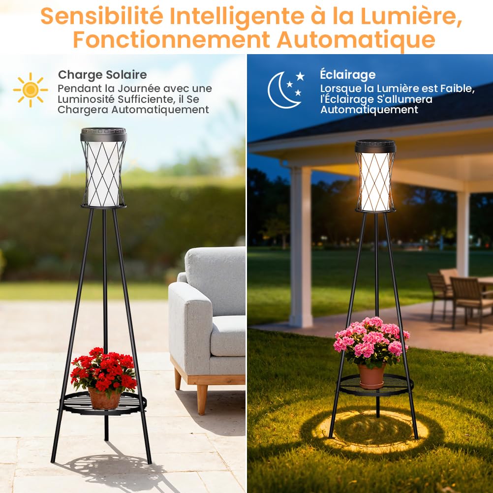 OUSFOT Lampe Solaire Exterieur avec USB sur Pied, Étanche Eclairage Exterieur Solaire, lampadaire pour Terrasse Jardin