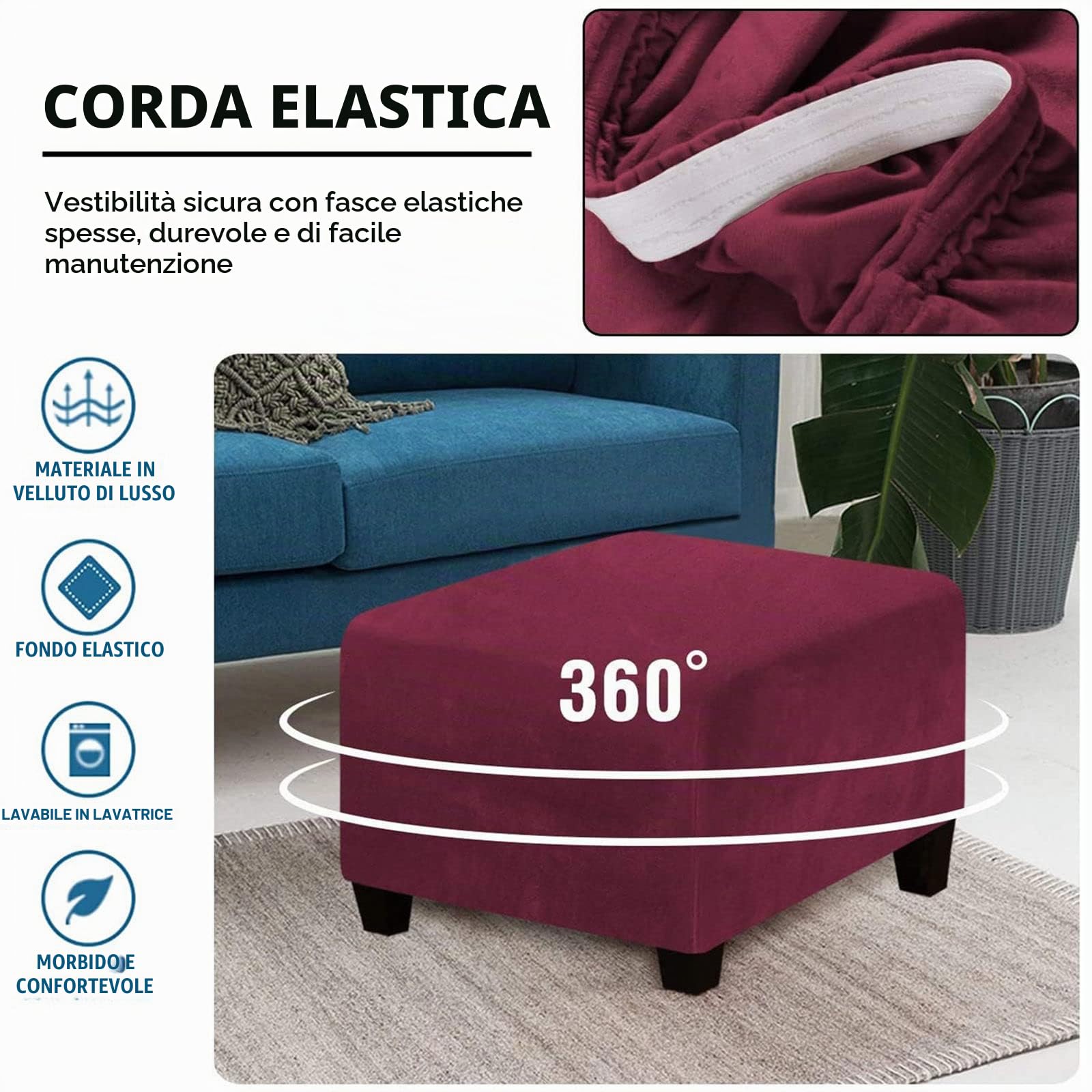 Velluto Copri Ottomano, Elasticizzato Quadrato Copertura Protettiva Per Sgabello Spessa Calore Copri Poggiapiedi Per Soggiorno Camera Da Letto-Cachi-Medium