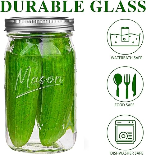 Miniatura 3 de Tarros Mason de 32 onzas, paquete de 12 tarros Mason de boca ancha con tapas herméticas, tarros de vidrio para fermentación, decapado, preparación