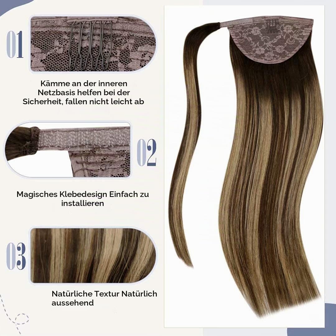 LaaVoo Ponytail Extension Echthaar Braun Balayage Echthaar Pferdeschwanz Extension Dunkelbraun Ombre Honigblond Clip in Zopf Echthaar Extensions Glatt #4/27/4 45cm 80g