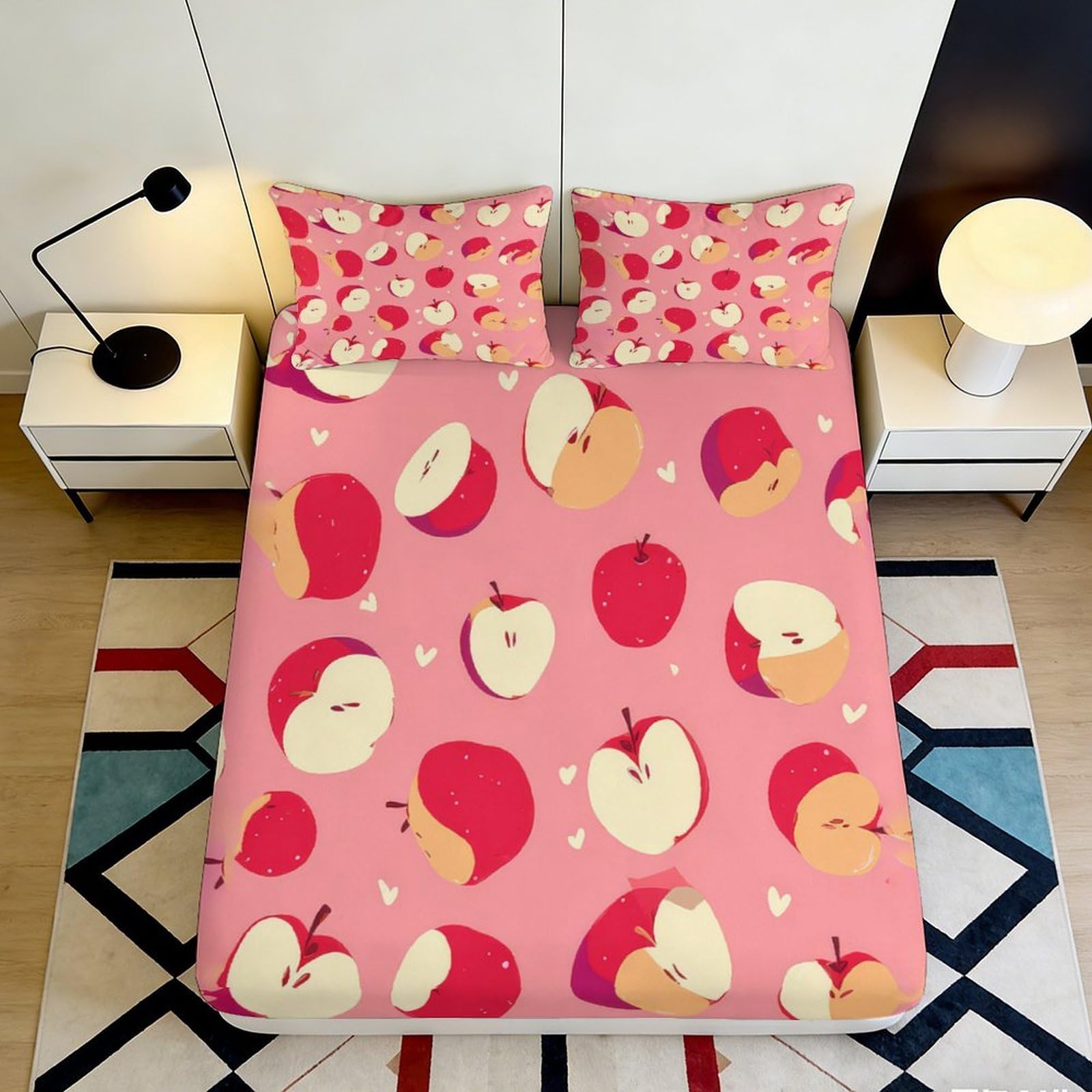 Dhbaneiok Style-4 3D Printed Pink Apple Pattern Fitted Sheet Microfiber Soft Bed Cover For Bedroom Dorm Mattress Protection Decorative 90X200x25cm