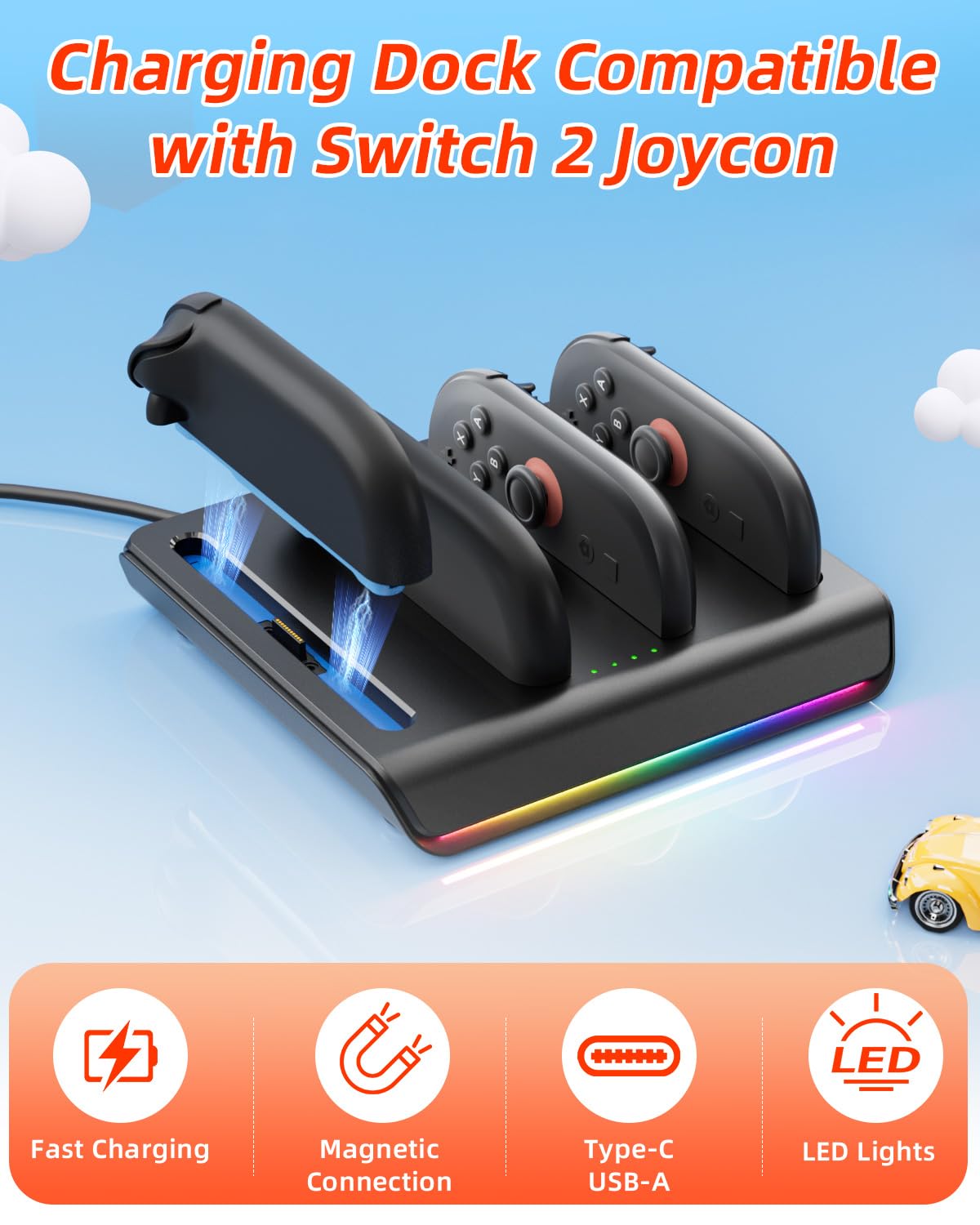 Joycon Charger Dock for Switch 2, 4-in-1 Switch 2 joycon Charging Dock with 8 RGB Lighting Modes, LED Indicators, 5V/2A Fast Magnetic Charging, Circuit Protection, and USB-C Cable (Black)
