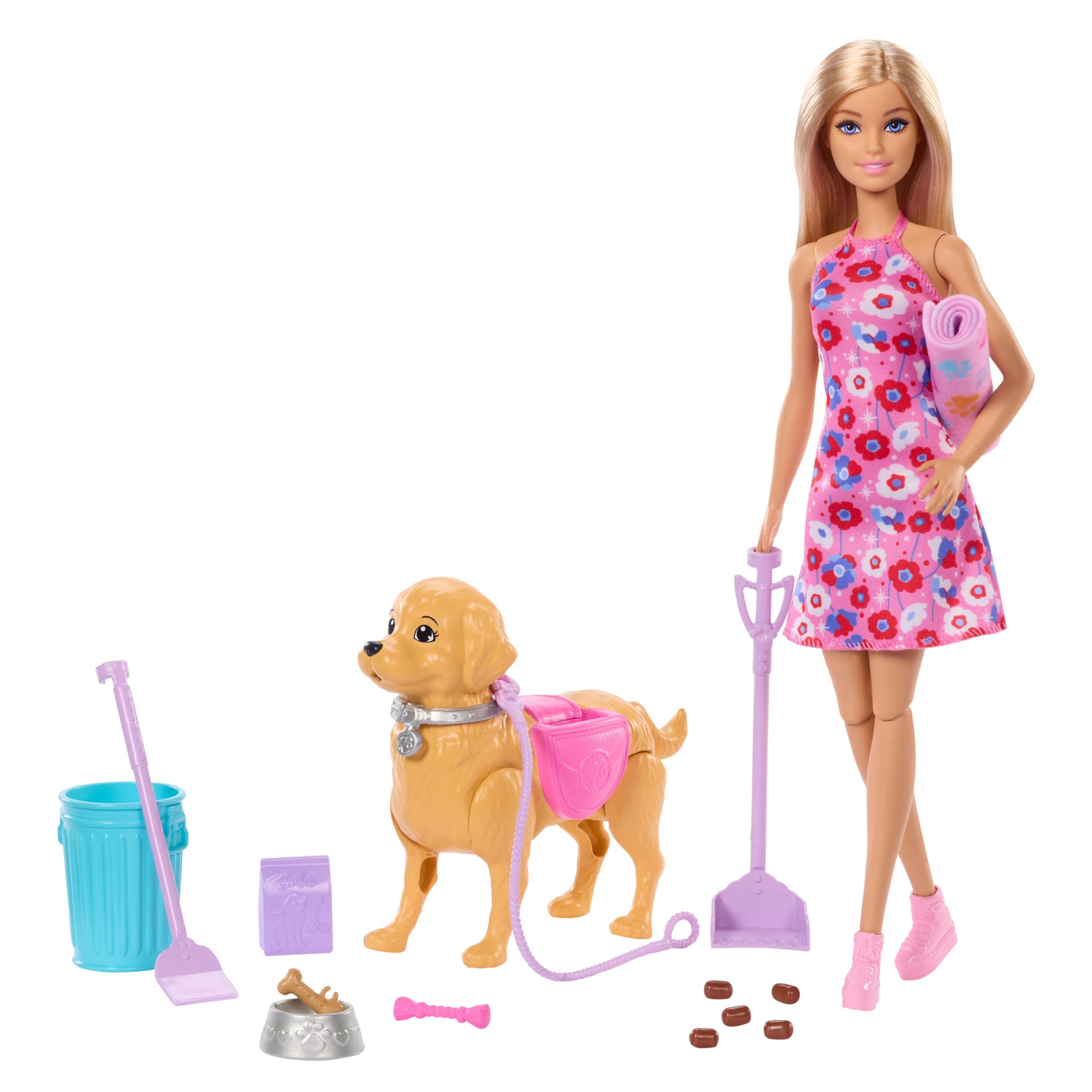Barbie “Barbie Walk & Potty” Conjunto con Cachorro de Juguete. Incluye un Perrito de Juguete Que Camina y Hace Sus Necesidades, una muñeca Barbie “Malibu”, Pala para Recogida y Accesorios, JJB46
