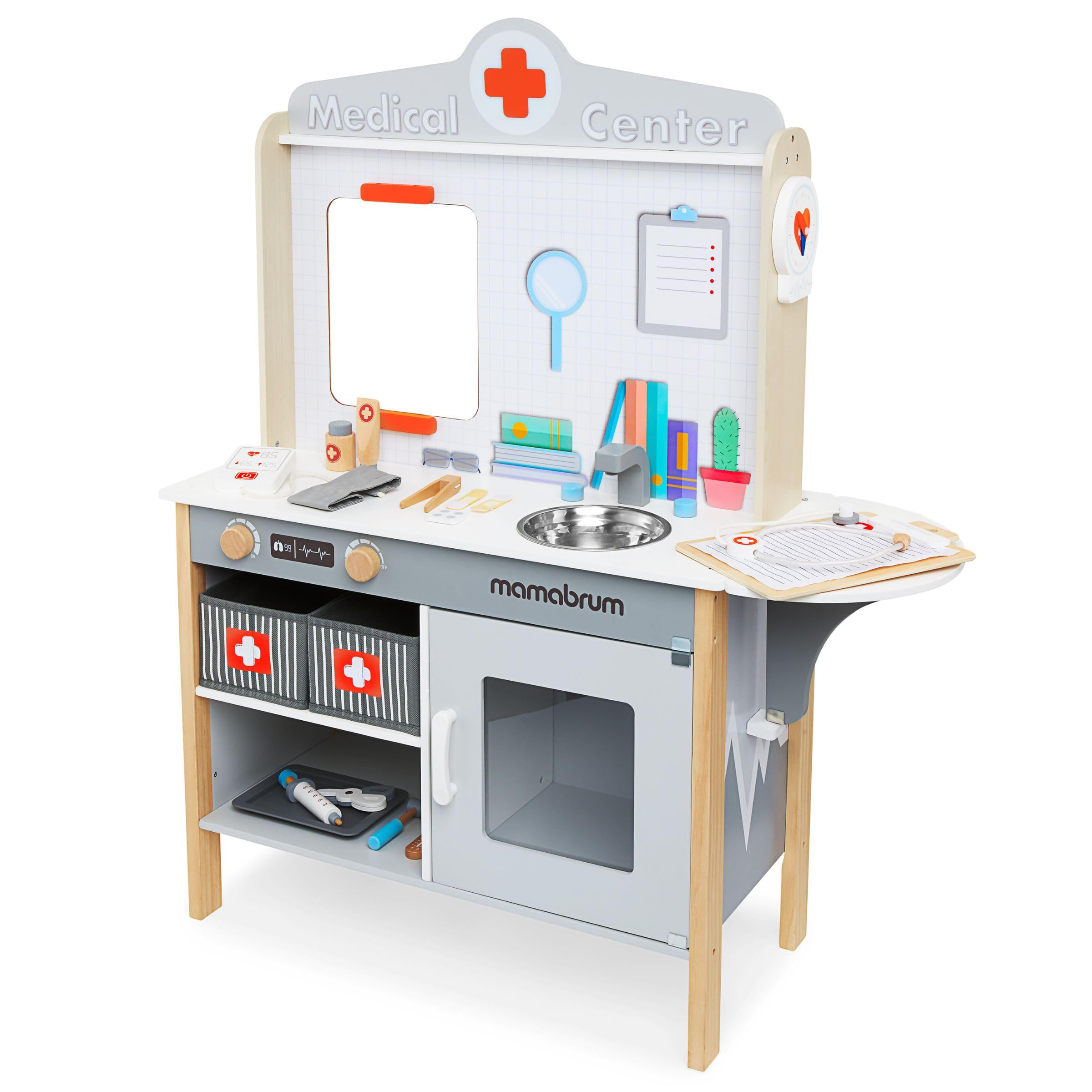 Mamabrum Armadietto dei Medicinali in Legno XXL - Set da Medico con 20 Accessori Realistici e Valigetta per Bambini