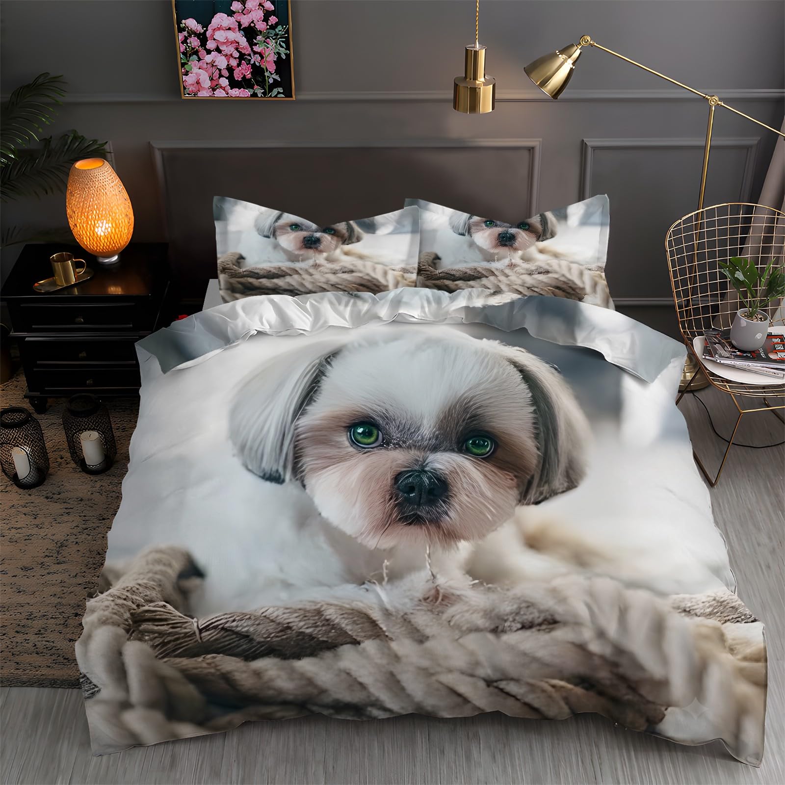 LLSZAHD Gray King Duvet Cover Shih Tzu 3D Bedding Sets Brushed Microfibre