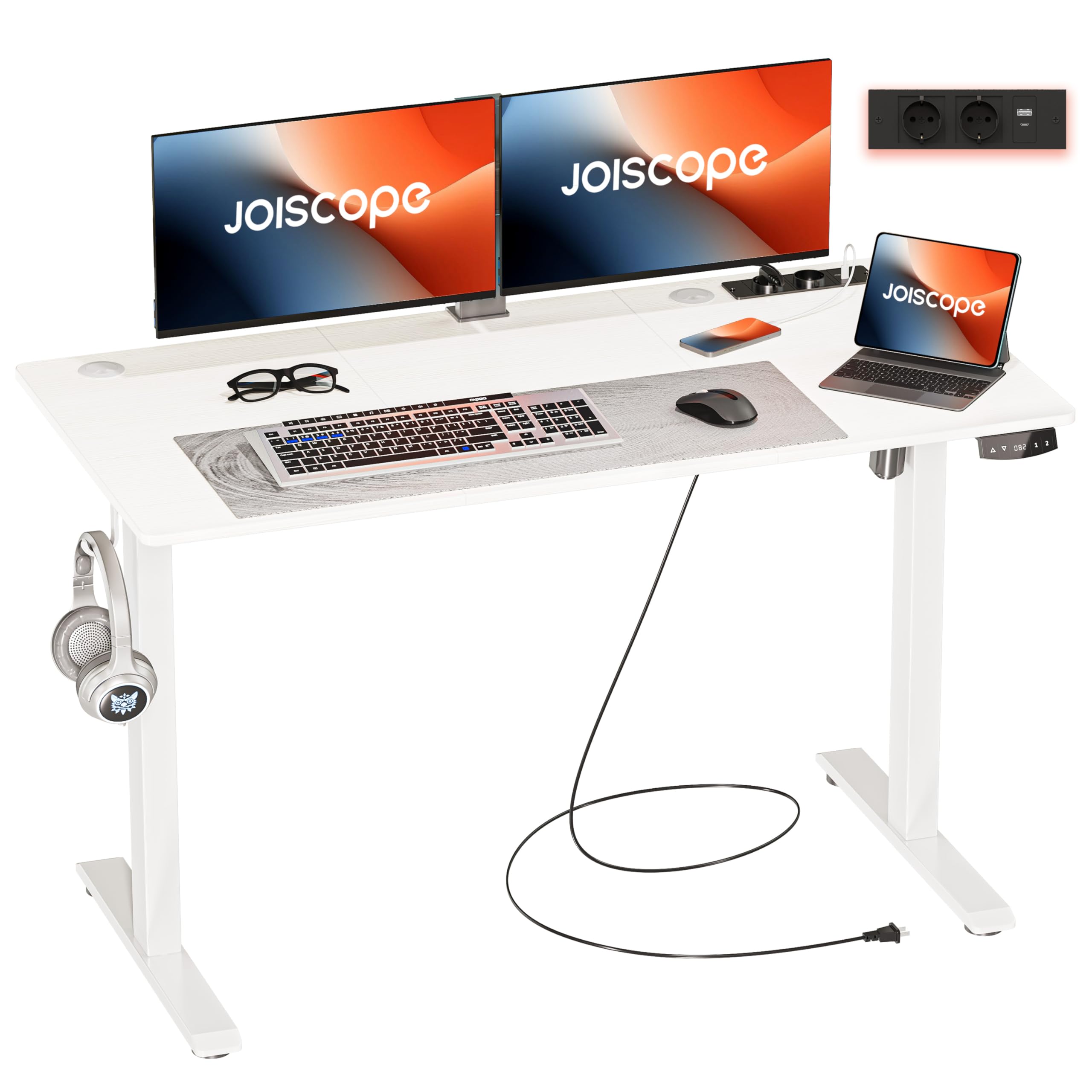 Escritorio Regulable en Altura y Almacenamiento, Escritorio eléctrico con Toma de Corriente, Puertos USB y Type-C, Escritorio para Ordenador de Oficina y hogar, 120 cm, Blanco