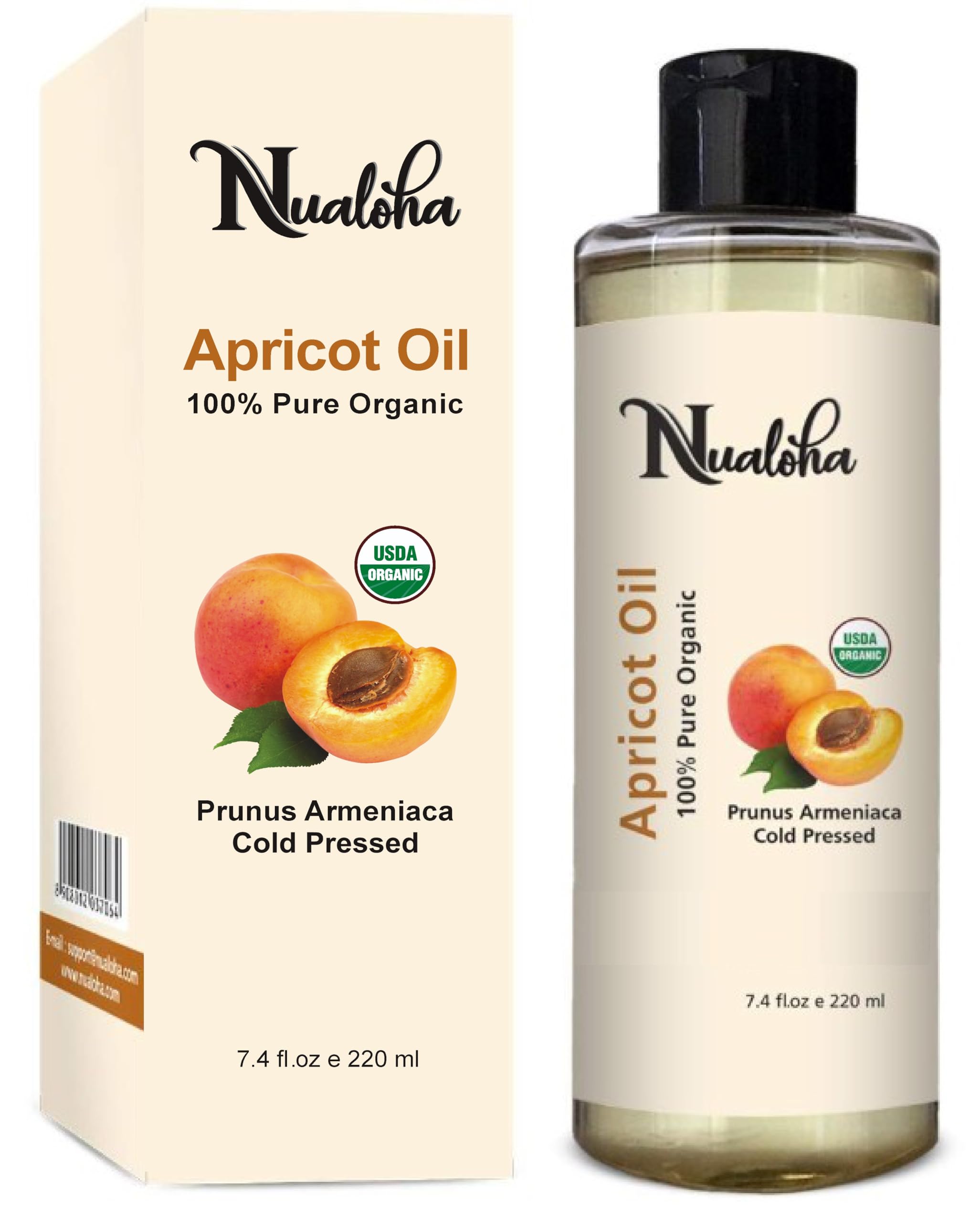 Certified Organic Apricot Oil, 220 ML - 100% Pure Cold Pressed Apricot Kernel Seed Oil For Skin, Dark Spots, Hair, Face, Nails, Body, Scalp and Anti Aging Moisturizer.