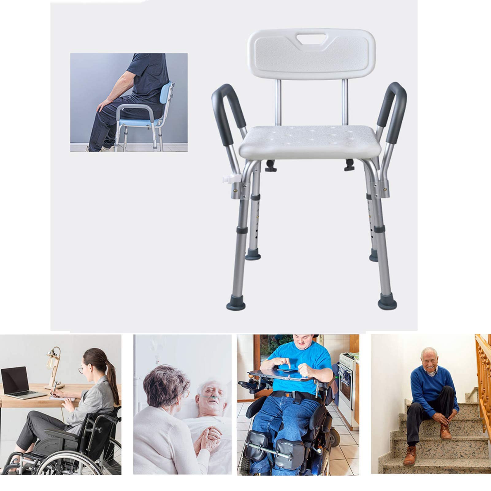 Silla Ducha, Taburete de Ducha, Silla de Ducha Altura Regulable con Respaldo Altura Regulable Antideslizante Reposabrazos Acolchados Ayuda para Baño para Ancianos