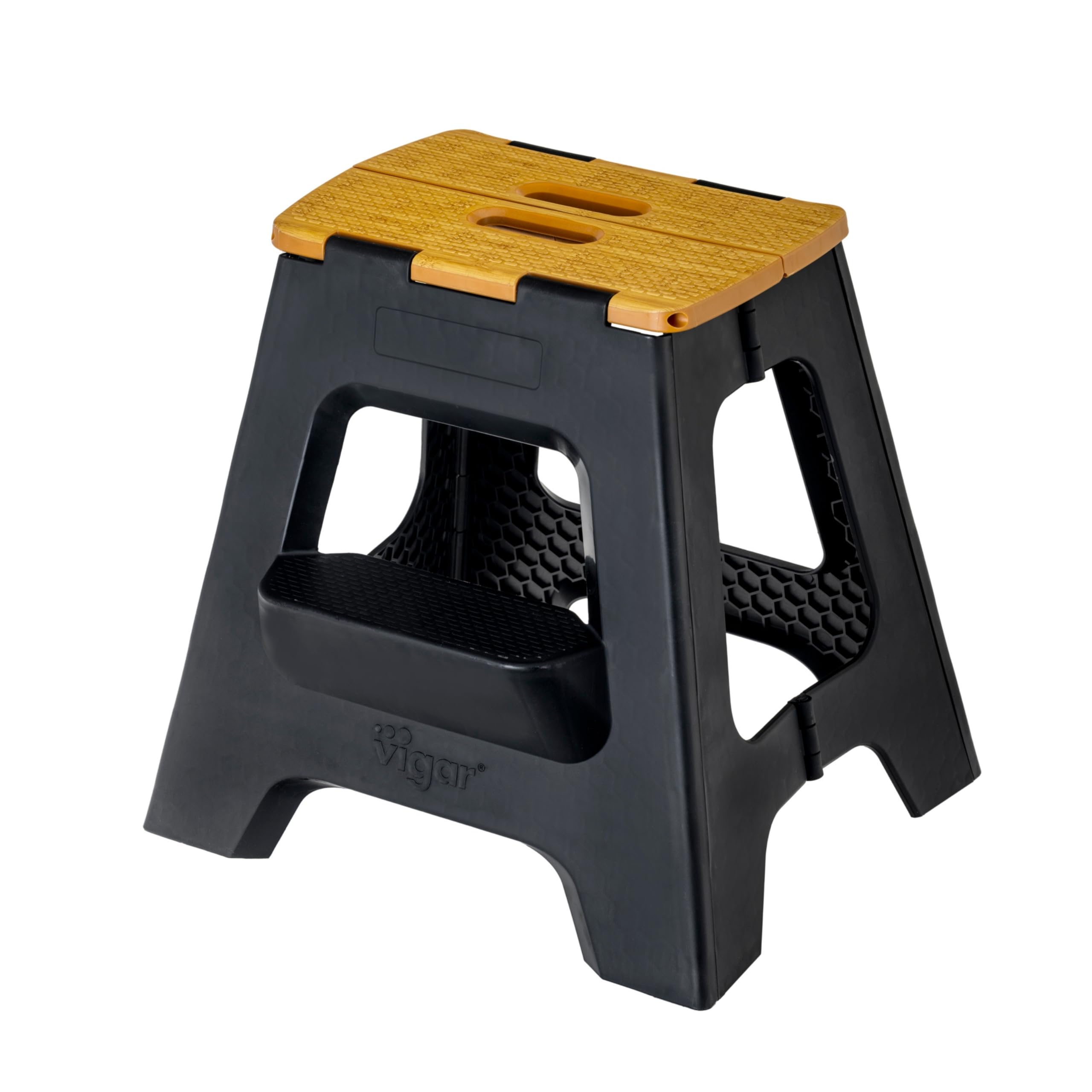 Vigar Compact Step Stool Foldable, 16-inch Two-Step Stools for Adults up to 330 Pound, Lightweight Stool, Non-Slip Folding Step Stool, Black, Bamboo on Top