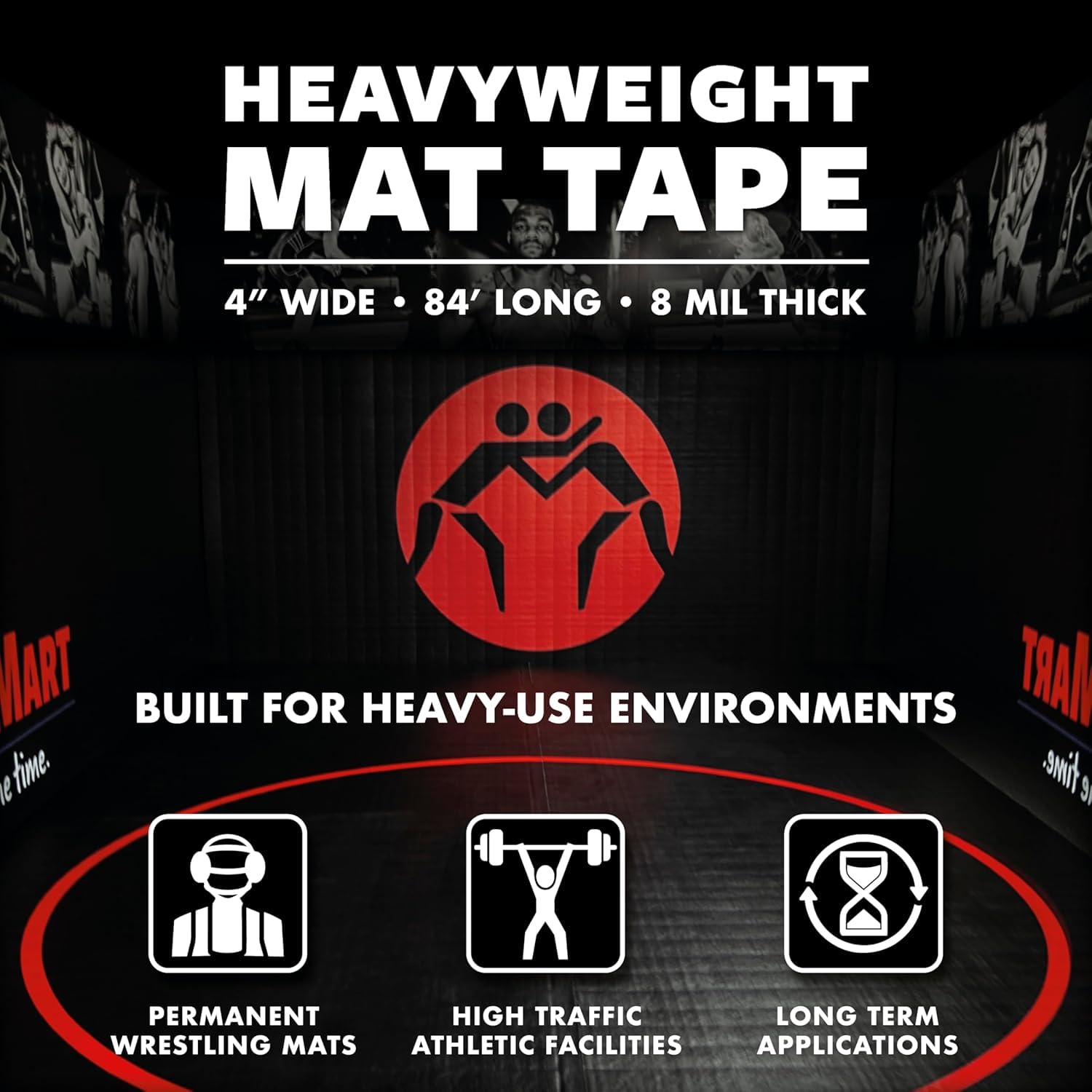 WrestlingMart Heavyweight Wrestling Mat Tape Case - Durable 4" Wide, 8mil Thick Clear Vinyl Wrestling Tape for Mats - Long-Term Hold, Maximum Strength, Tear-Resistant & Reusable - 84' Long (18 Rolls)