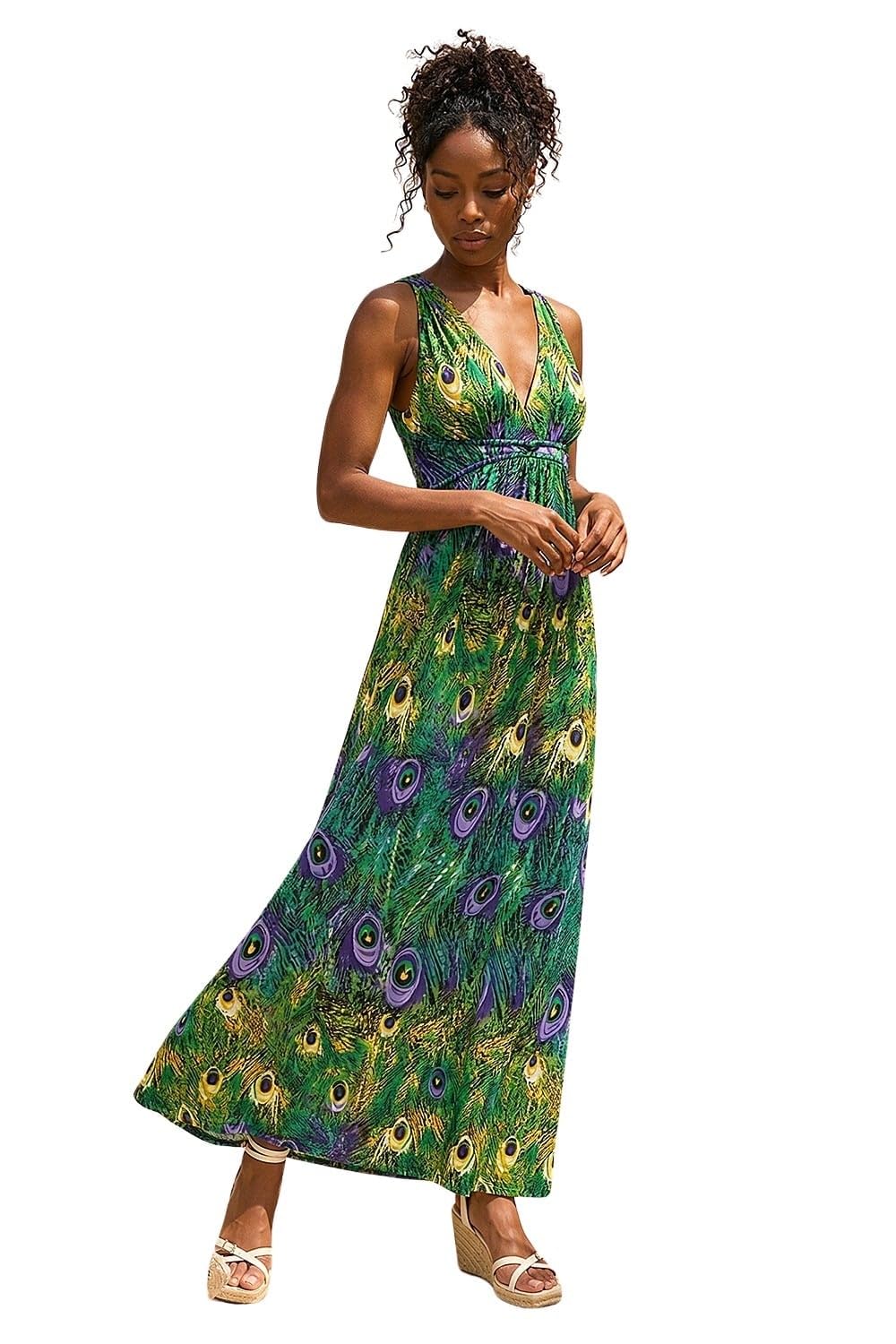 Roman Women's Green Peacock Printed Stretch Maxi Dress In | : Size 16