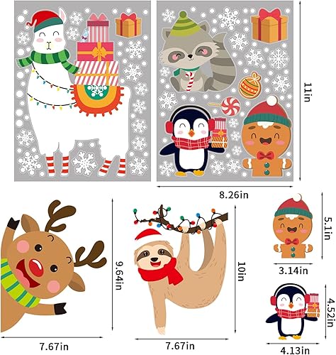 Miniatura 5 de Decoración navideña para ventana, 8 hojas de calcomanías de Navidad para ventana, diseño de copos de nieve de renos de Papá Noel, decoración de