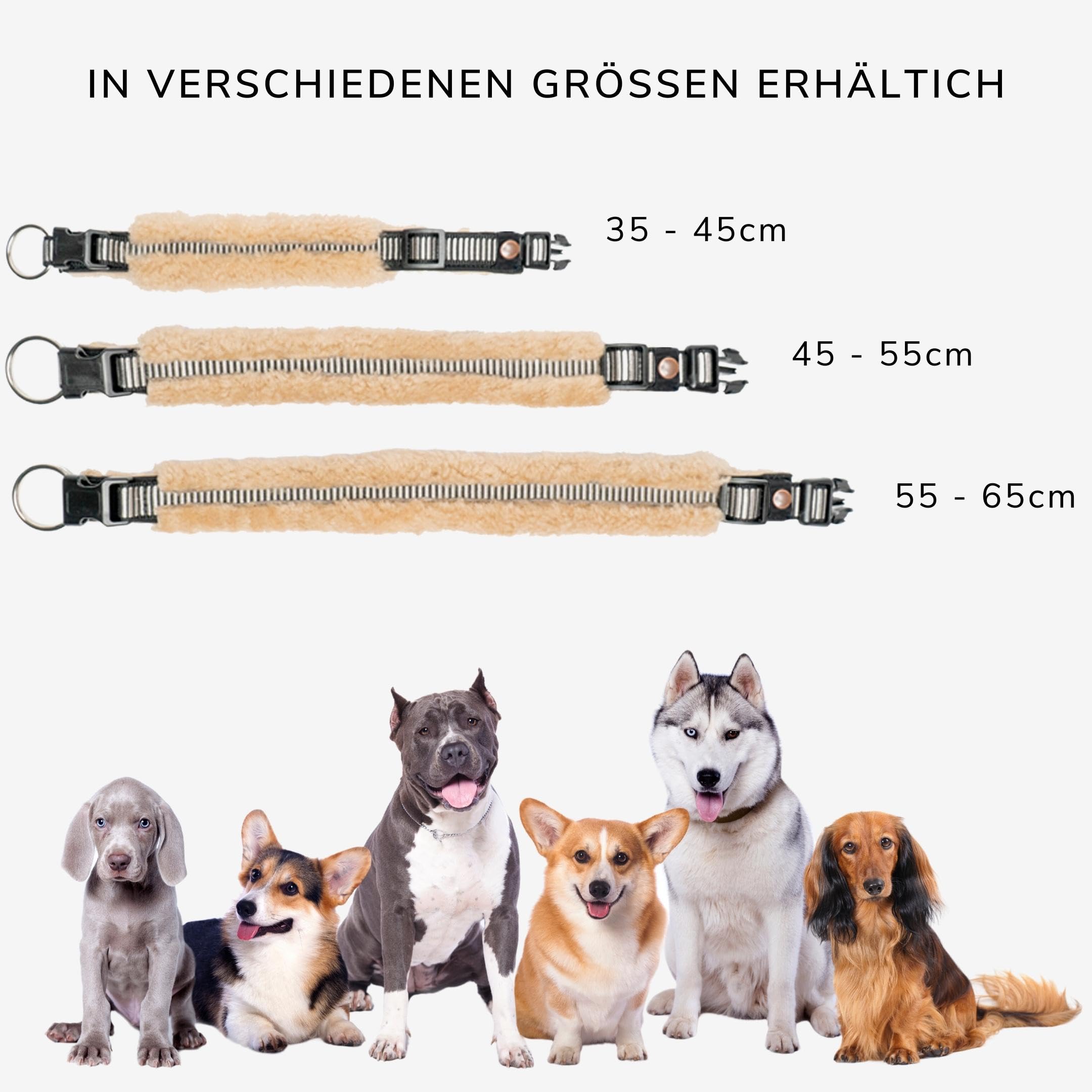 CHRIS innovatives Hundehalsband aus Lammwolle, Halsband vermindert erheblich Haarbruch, gepolstert, reflektierend, verstellbar, für kleine mittel große Hunde in M (35-45cm), L (45-55cm), XL (55-65cm)