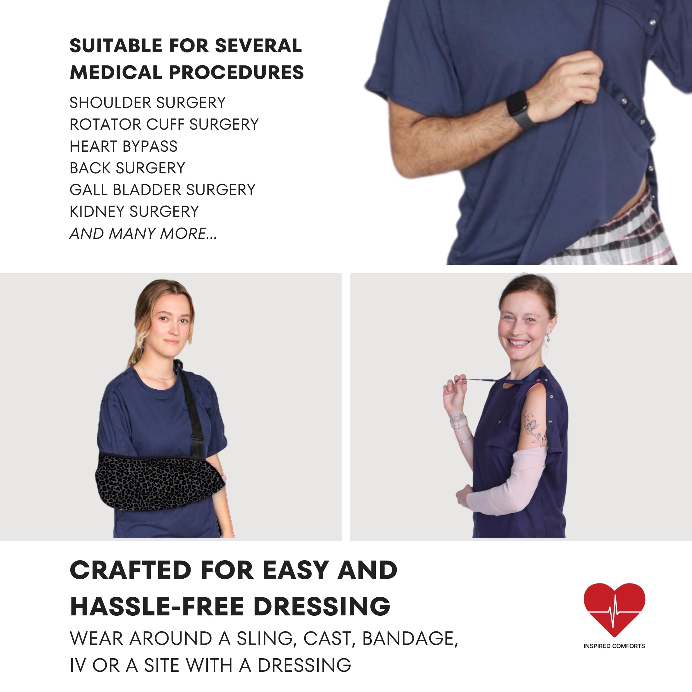 Inspired Comforts Unisex Post Surgery & Rehab Dual Access Crew Neck Snap Shirt
