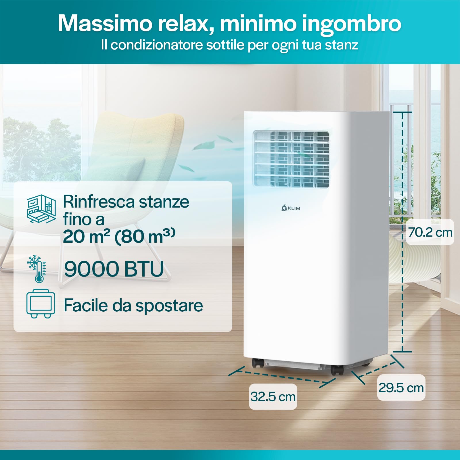 K9000 Condizionatore Portatile con Tubo, Classe Energetica A, Telecomando | Climatizzatore 9000 Btu, 3-In-1 Deumidificatore Integrato, Ventilatore e Modalità Raffreddamento, Facile da Usare - Bianco