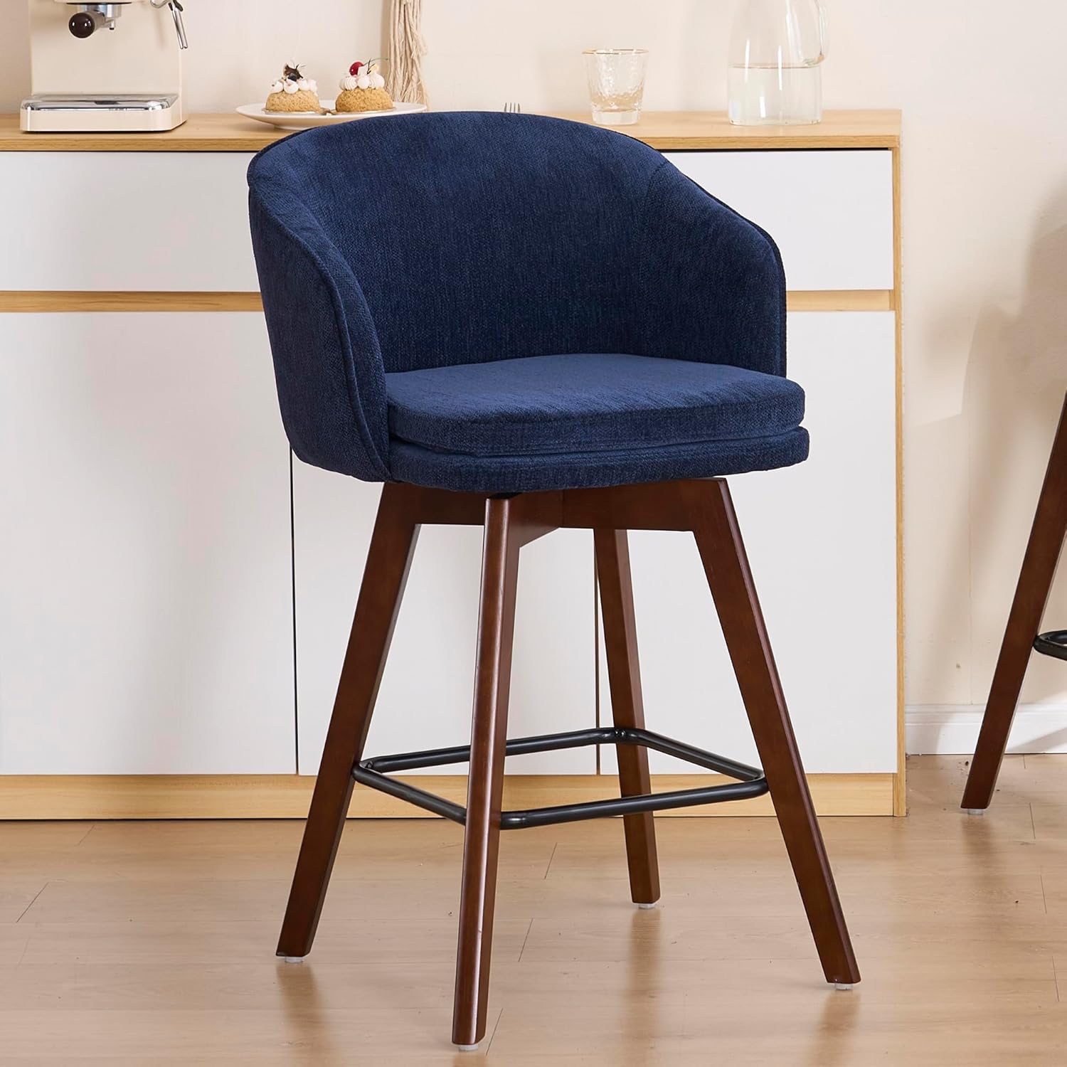 Kidol & Shellder Swivel Bar Stools 27" Counter Height Barstools for Kitchen Island, Fabric Upholstered Bar Chairs with Wood Legs, Modern Bar Armchair for Kitchen, Dining Room Blue