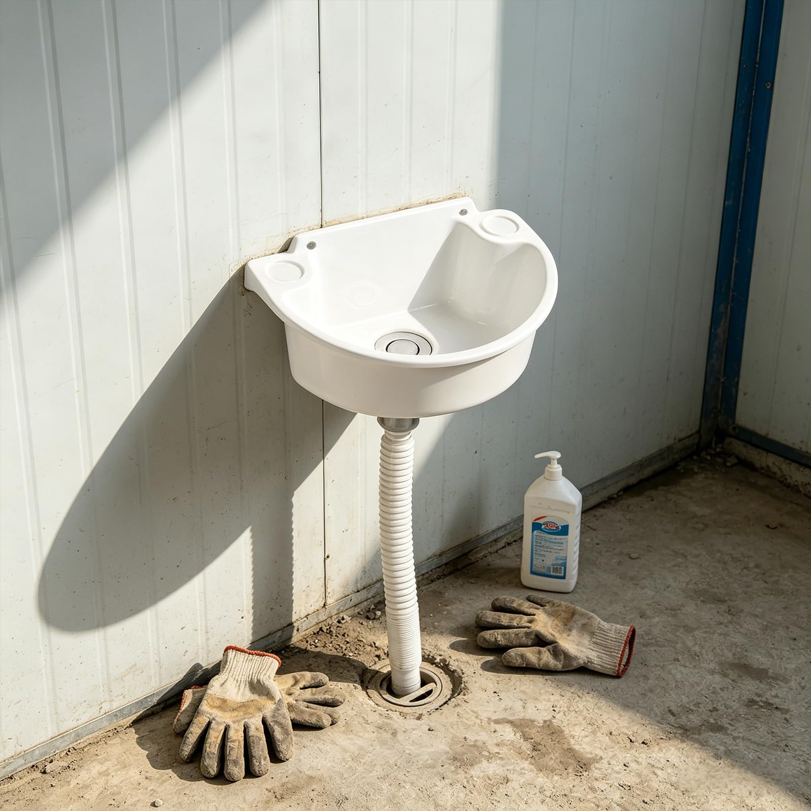 Lavabo in plastica, montaggio a parete, a semicerchio, bianco | Lavello per camper con tubo e tappo di scarico, per angoli della cucina, camper, 29,5 x 21 x 10,5 cm