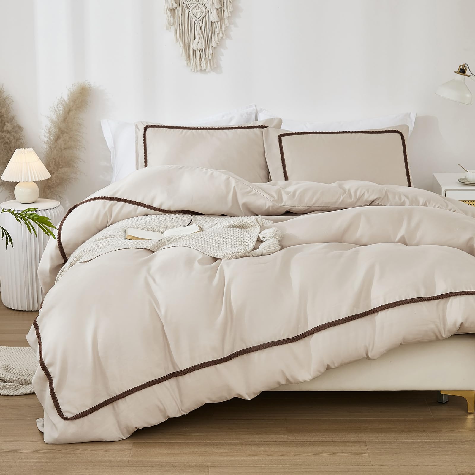 Herside Soft Microfibre Taupe Bedding Set Brown Ball Pom Duvet Cover Set Double Size Vintage Rustic Pom Duvet Cover Set Reversible Bedding with 2 Taupe Pillowcases for Adult Girls - Image 3