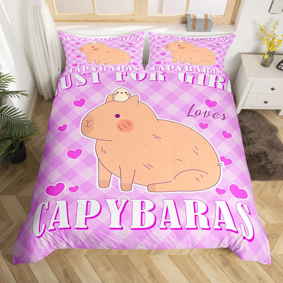 Homewish Cartoon Capybara Bed Set for Kids - Cute Rodent Animal Bedding Set Super King - Buffalo Check Print Duvet Cover Kawaii Room Decor for Teens Boys Girls - Pink Quilt Cover All Season — image 1