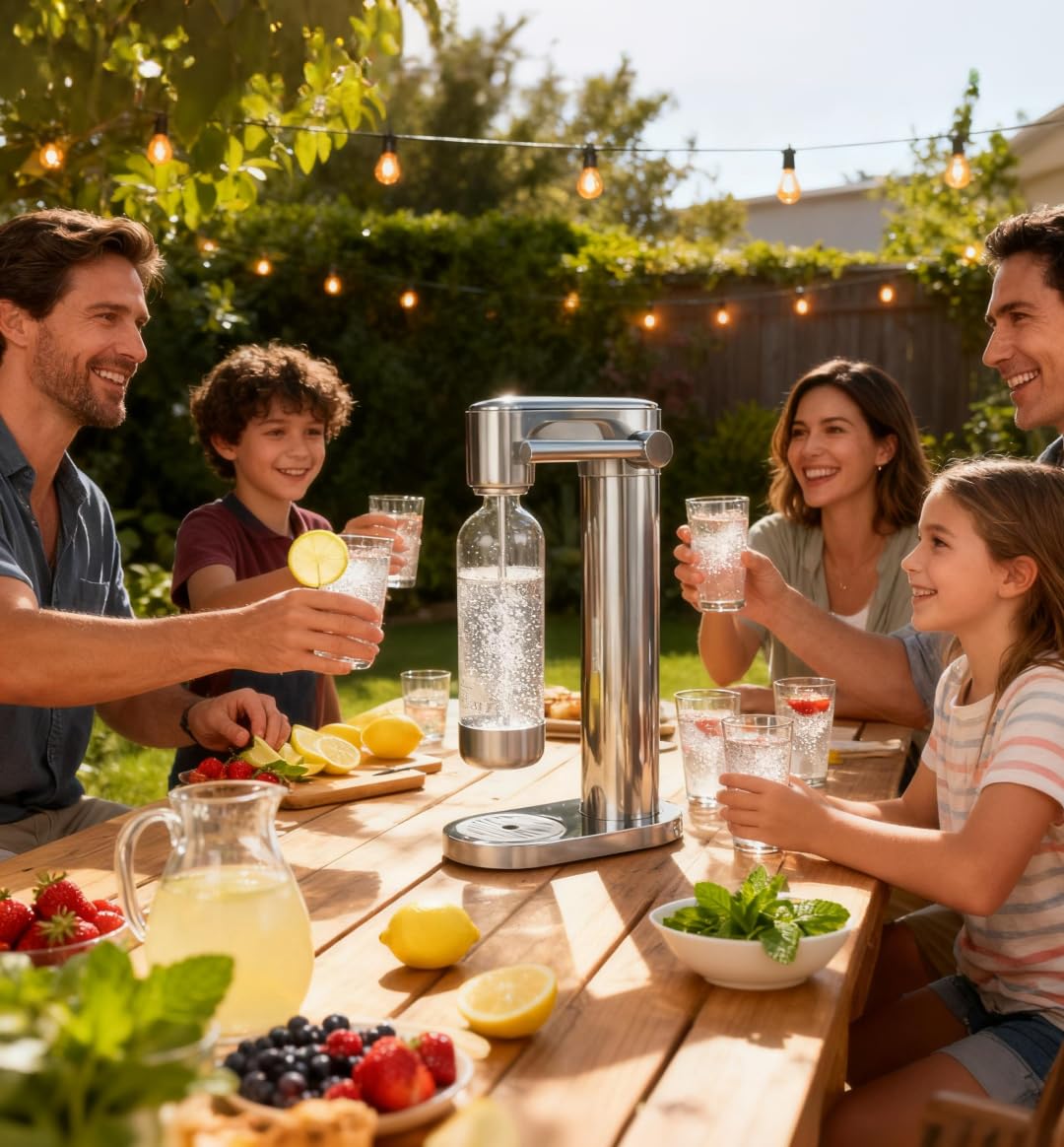 Wassersprudler Edelstahl, Manuelle Kohlensäuremaschine für Zuhause, Mit BPA-freier PET-Flasche, Kompatibel mit 60L Gewinde-CO₂-Zylindern (Zylinder nicht enthalten)