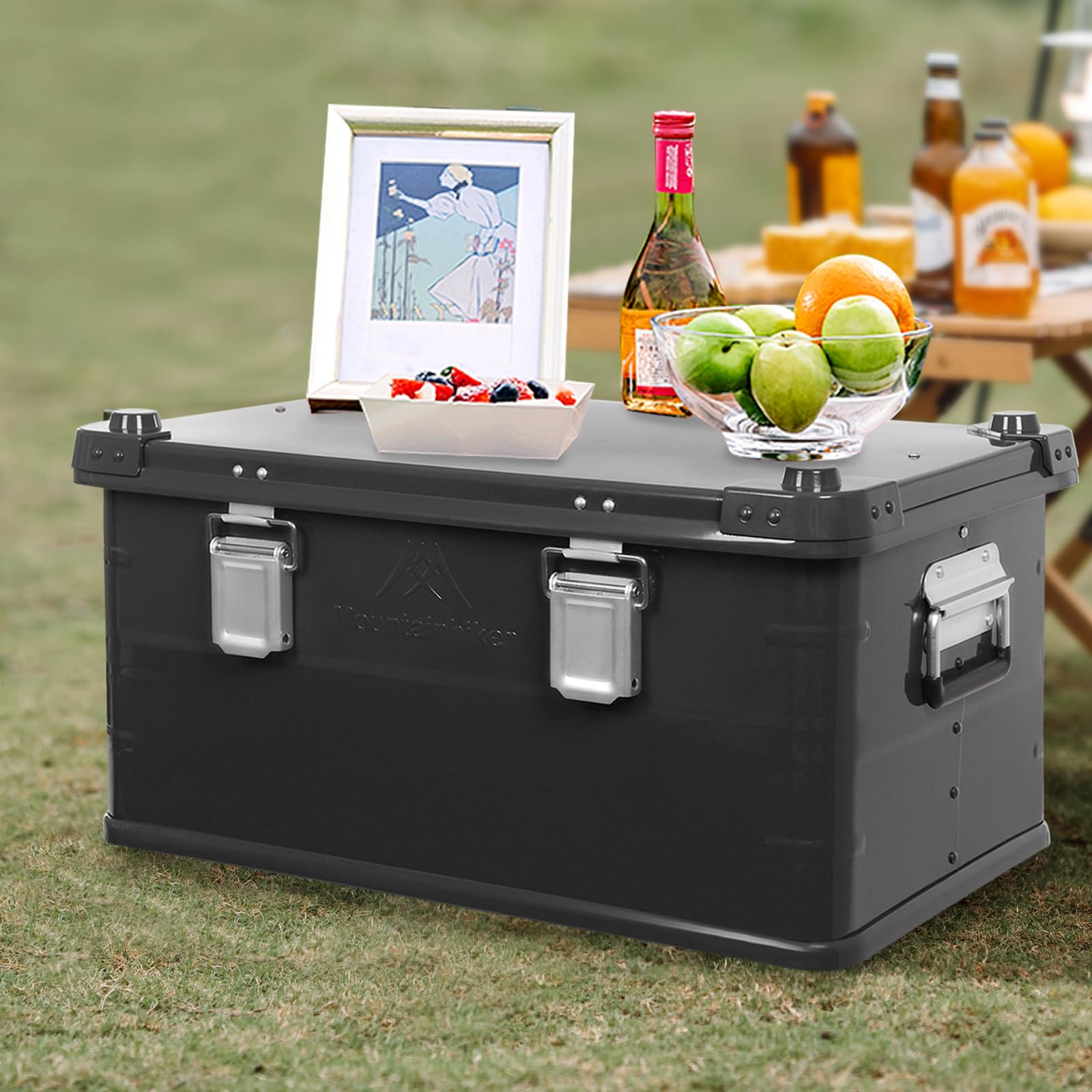 Boîte de rangement avec couvercle - 50 l - En alliage d'aluminium - Organiseur de camping pour l'organisation et le rangement - Noir