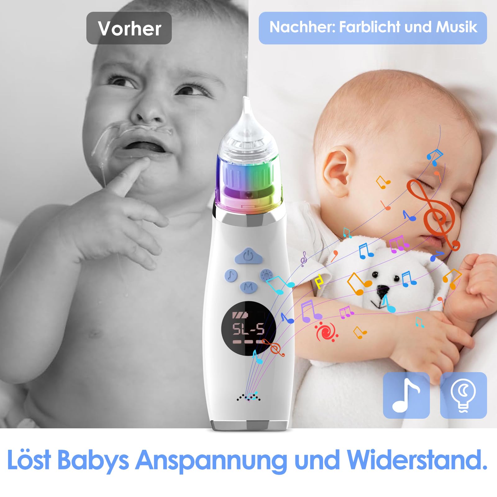 Elektrischer Nasensauger für Babys, Wiederaufladbarer Babynasenreiniger mit 5 Einstellbaren Saugstufen, 3 Silikonaufsätzen, Musikfunktion und Bunten Lichtern, Geeignet für Babys und Kleinkinder