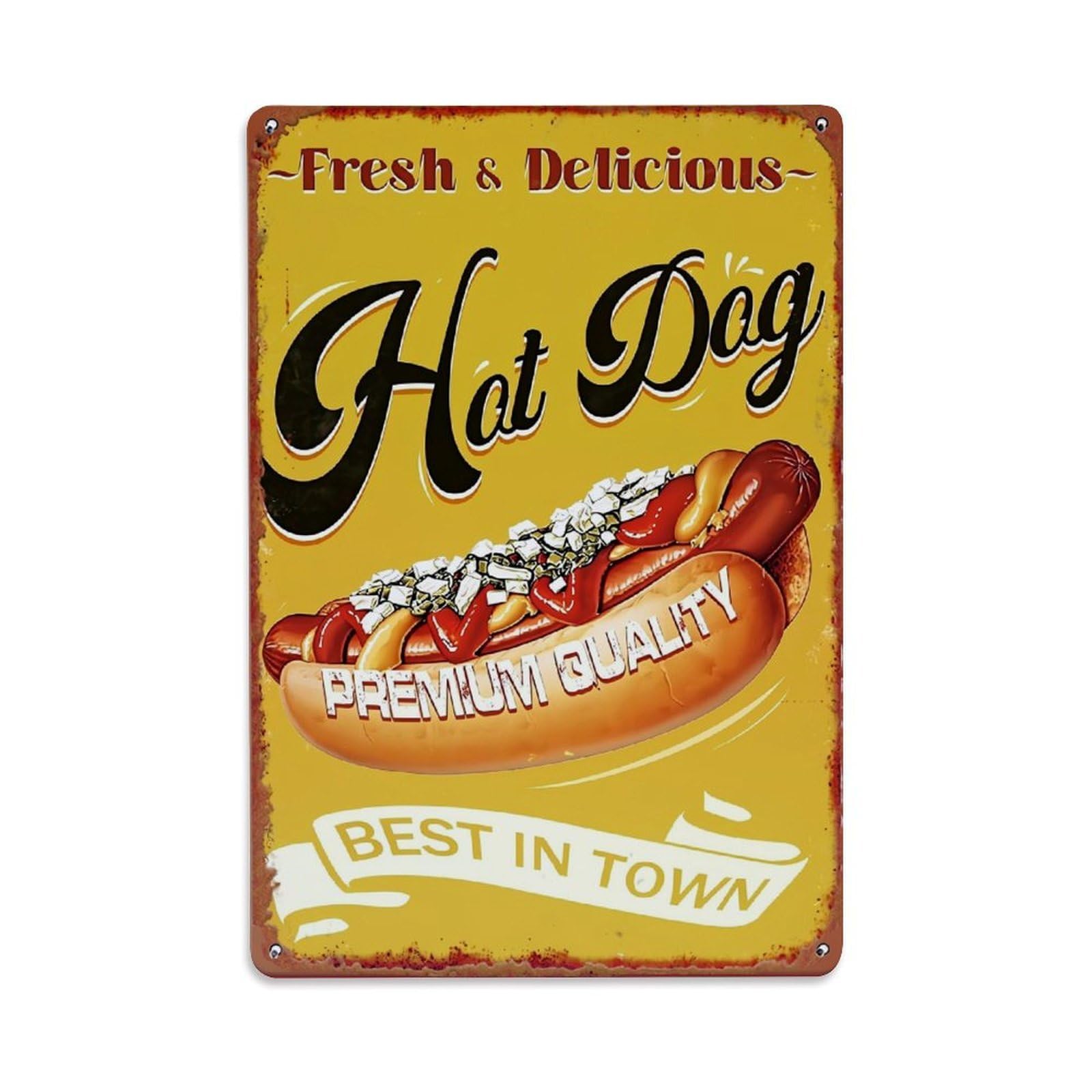 Jdfenggu Vintage Fresh Delicious Hot Dog Premium Quality Best In Town Retro Metal Tin Sign, Decor Art Poster For Bar, Home, Man Cave, Kitchen, Laundry Room Gift 8X12inch