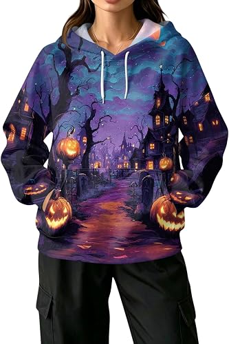 SamLng Halloween Hoodie Women with Pocket Long Sleeve Loose Fit Fall Purple