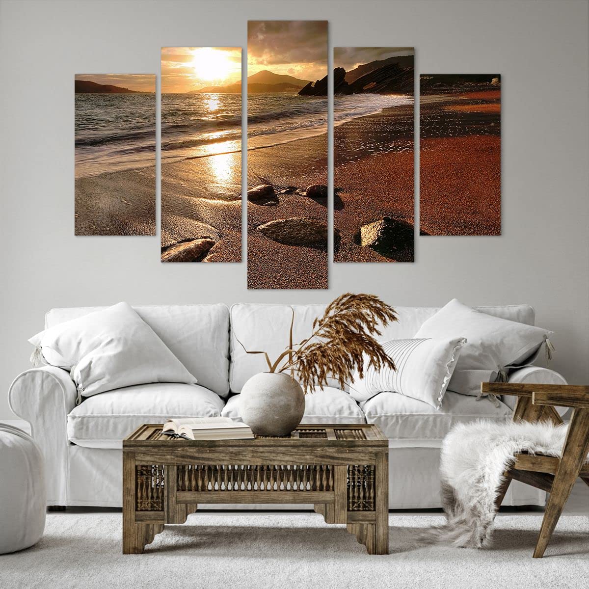 Moderne Impression sur Toile 150x100cm Image Tableau Decoration Murale Passerelle Lac Coucher de soleil soir Tableaux Decoratifs Muraux Chambre Triptyque 5 parties Décoration Salon Art EG150x100-2635