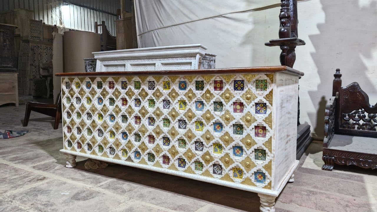 Nazar Art & Craft mango wooden handcarved storage trunk | center table with storage | Antique design Storage Box | Multicolor (W145 x D46 x H63.5 CM)-image-35