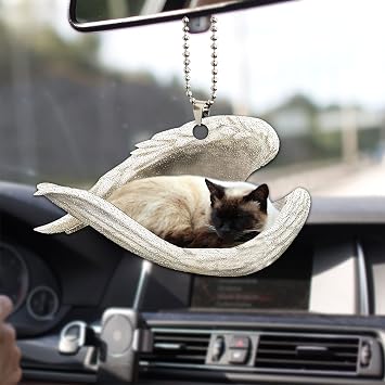 Talataca Siamese Cat Sleeping Angel Wing Memorial Cat 2D Flat Car Rear View Mirror Accessories Christmas Tree Ornament Decoration Hanging Charm Interior Rearview Pendant Decor Gift