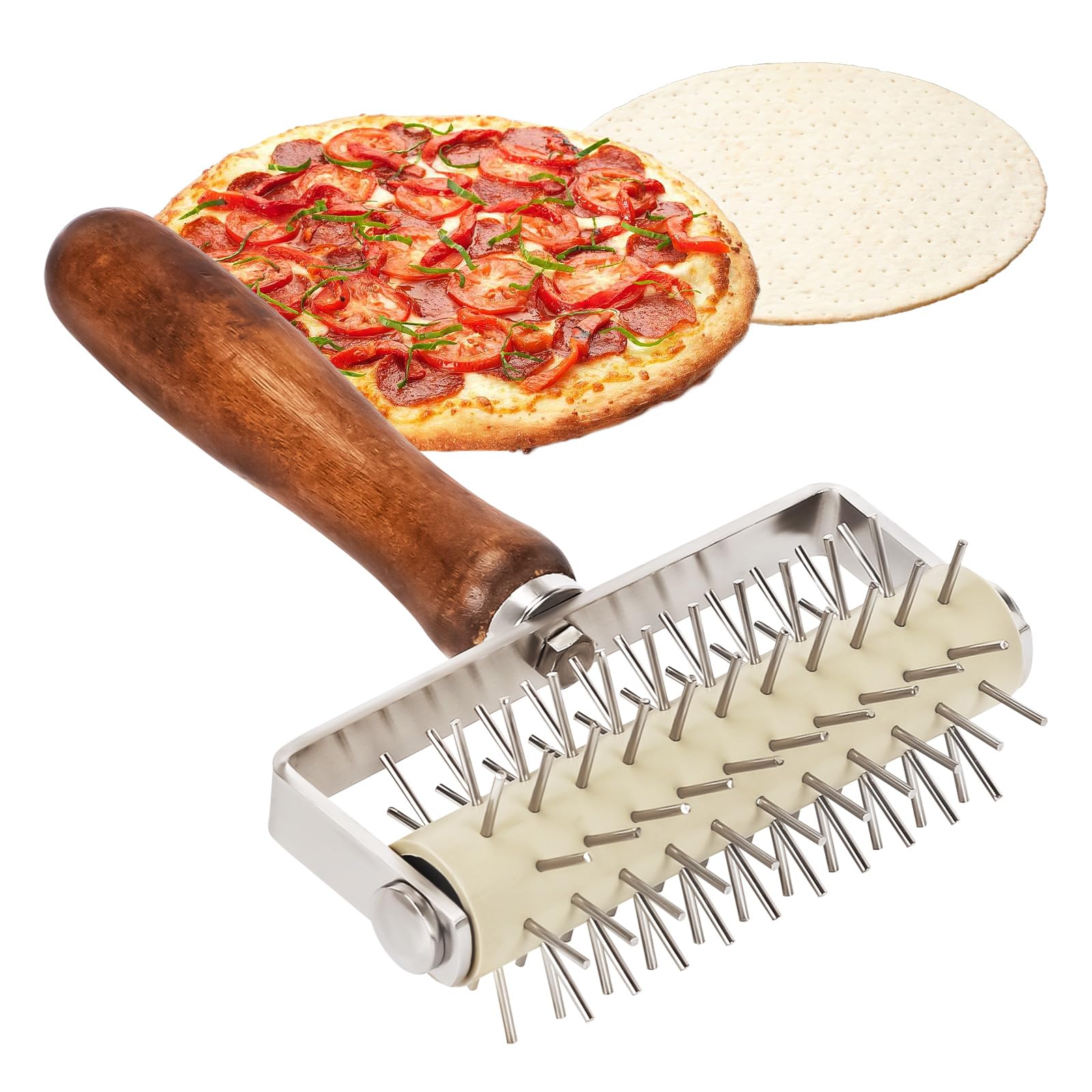 Rullo per Pizza Impasto, Rullo per pizza con punte in Acciaio Enox, Buca Impasto e Pizza, Rullo Bucasfoglia per Pasta, Manico in Legno in Acciaio inox, Domestico Cottura Pasticceria Strumenti